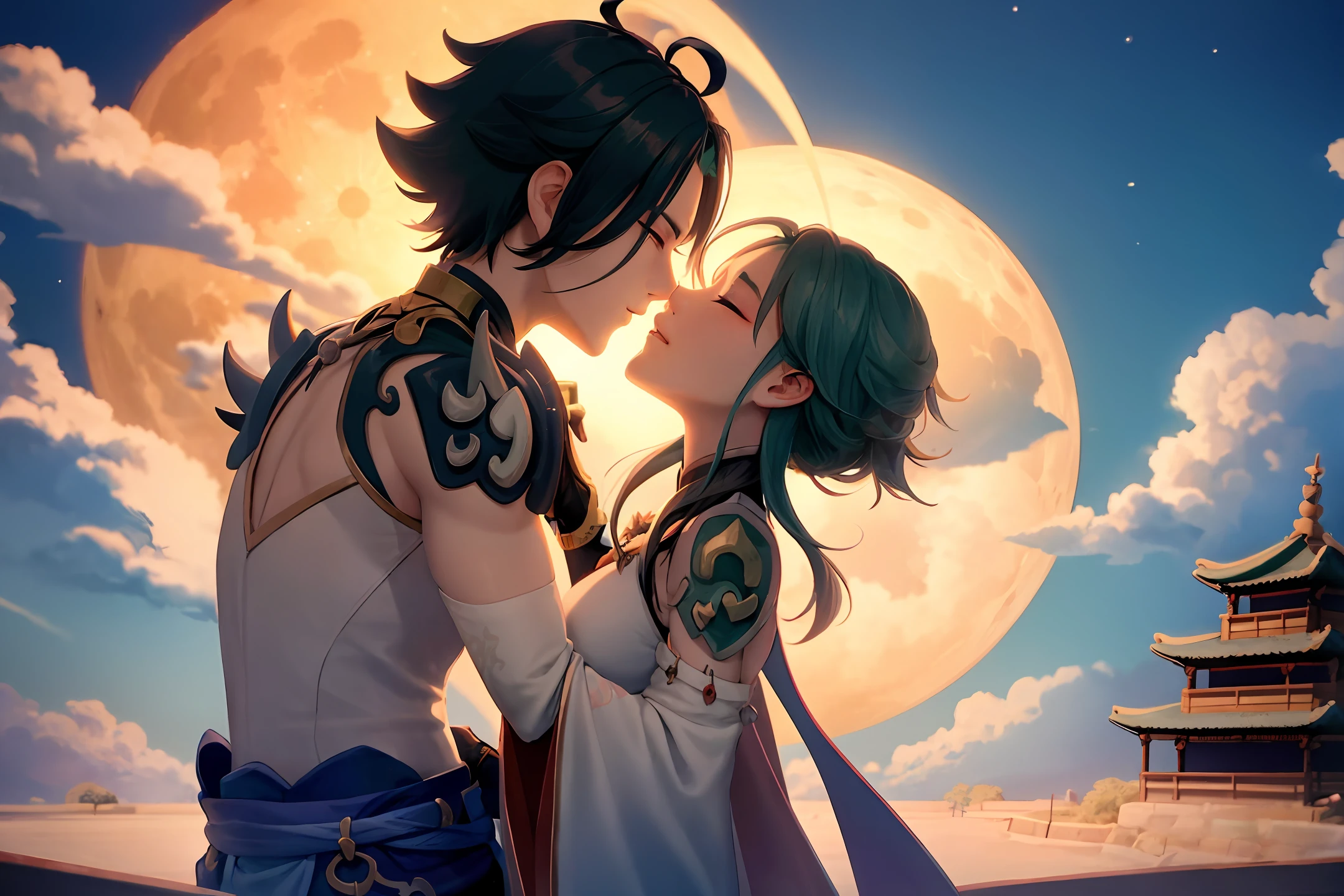 in the game genshin impact,Paimon and Hu tao kiss very happily under the moon