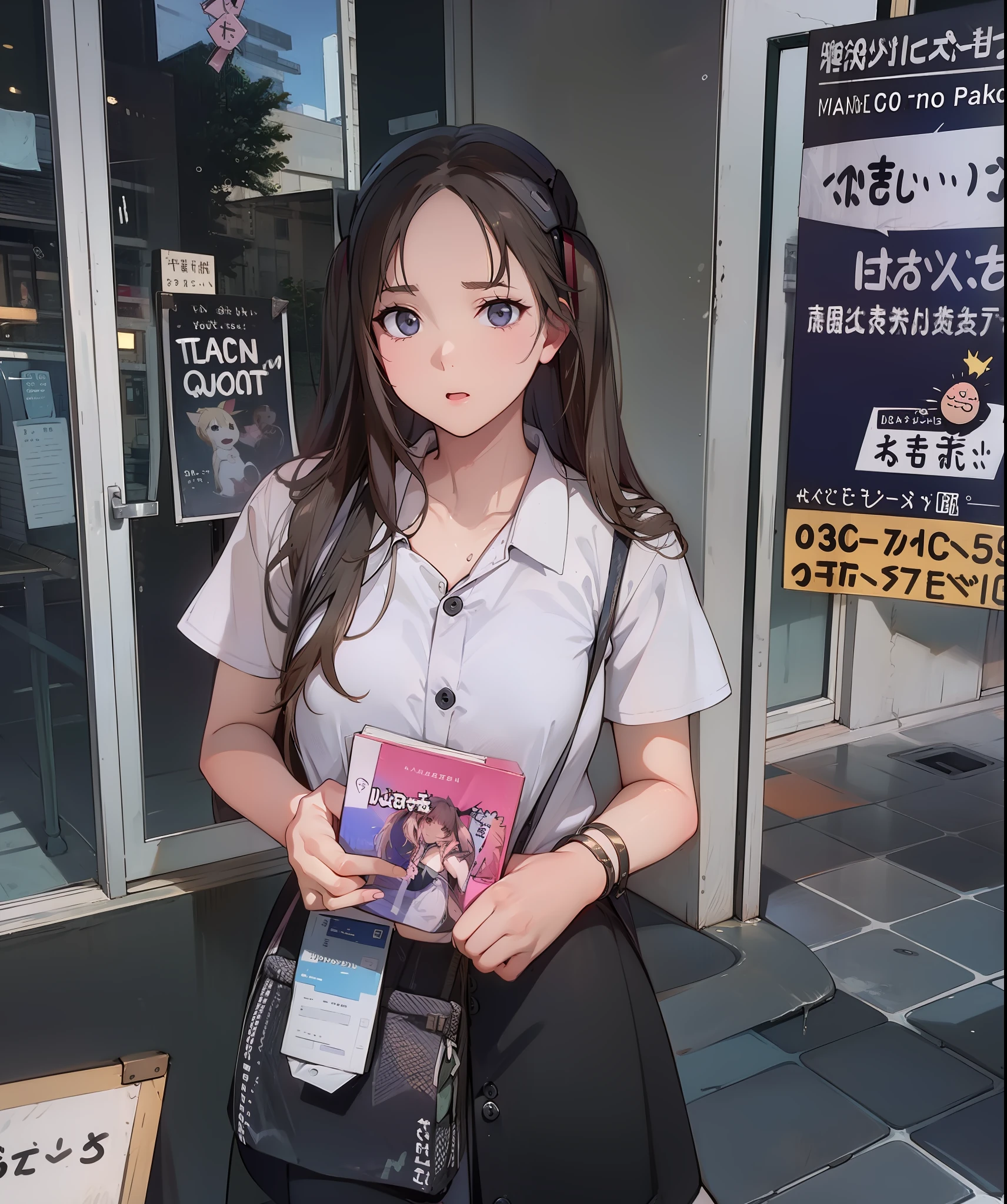 Anime girl with a book in her hand standing outside a building - SeaArt AI