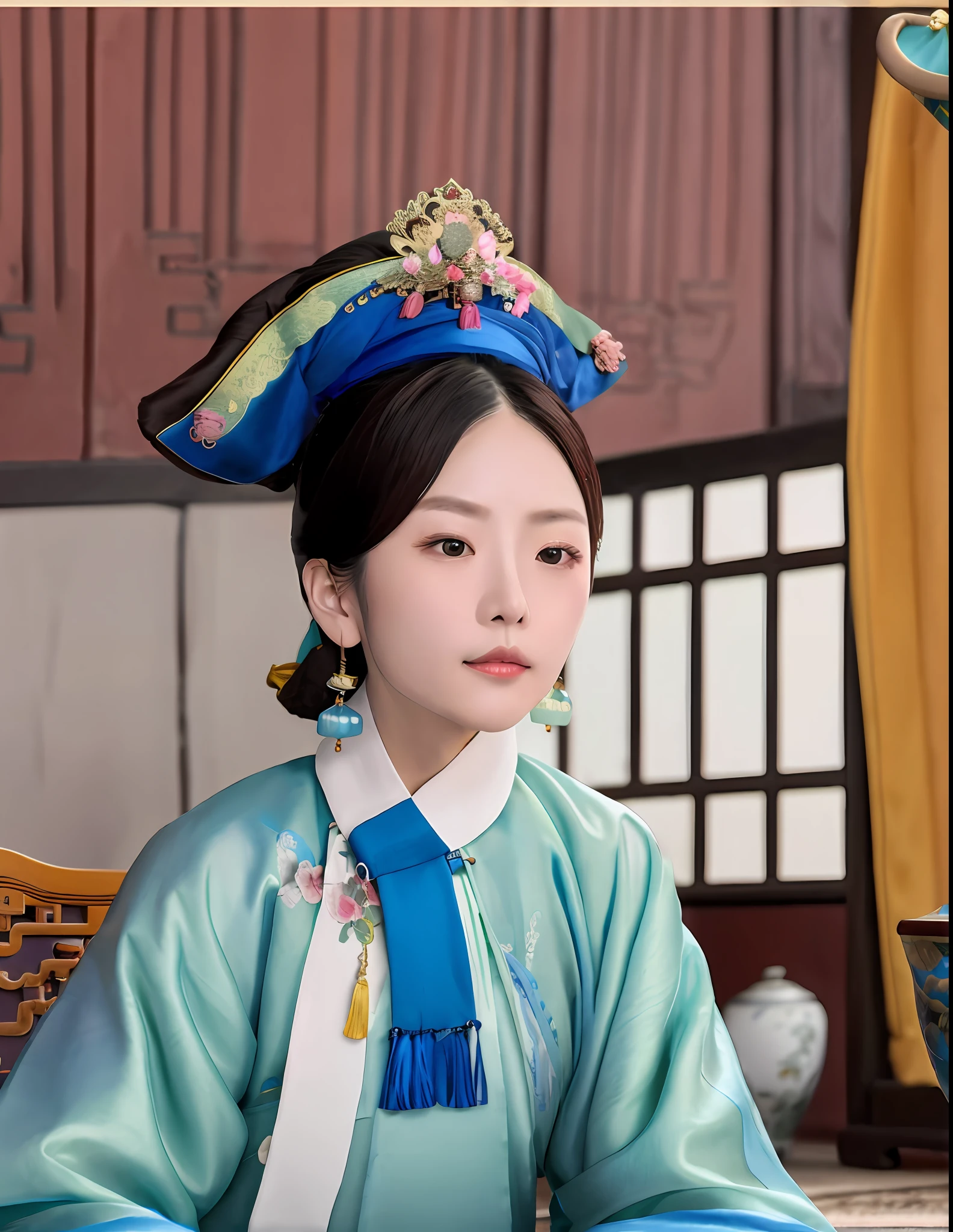 An Araki woman in a blue dress sits at a table，Carrying a bowl of food, Palace ， A girl in Hanfu, Wearing ancient Chinese clothes, with acient chinese clothes, queen of the sea mu yanling, Traditional Chinese clothing, Hanfu, zhang daqian, Chinese costume, inspired by Gu An, wearing a noblewoman's outfit, China Princess