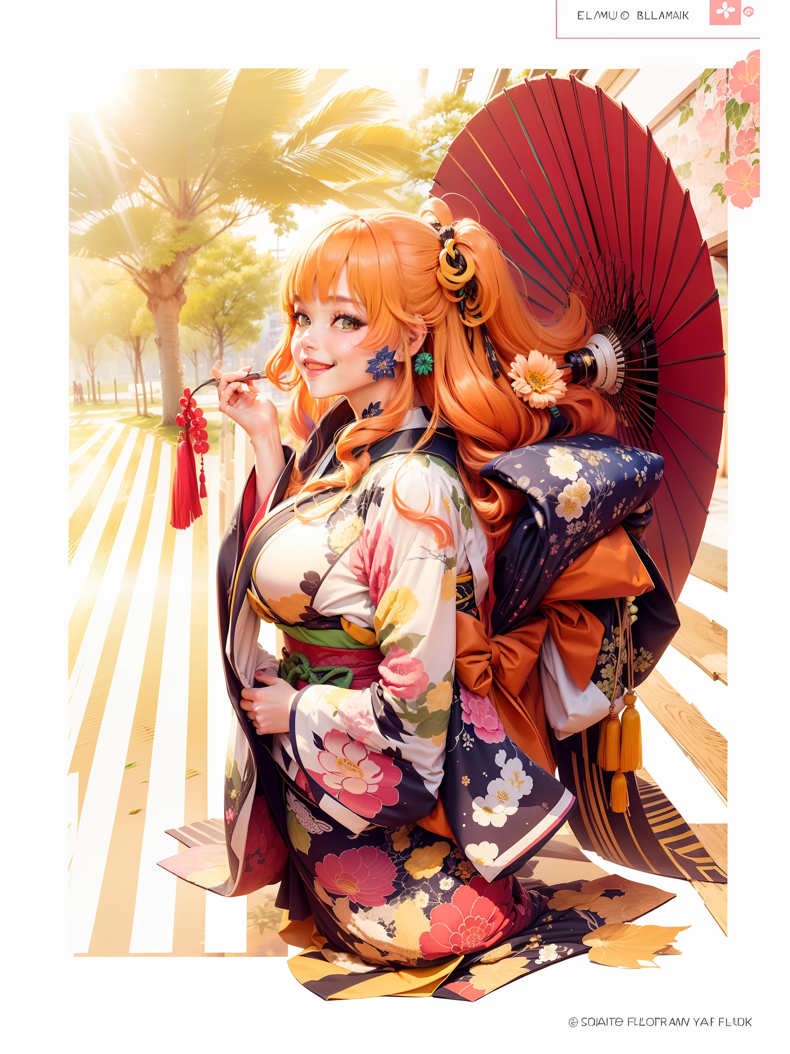 (Yellow/Blue/Green/White/black/Red/Pink kimono:1.2),(Japanese clothes:1.2),(Estampados florales),(Long sleeves),schoolgirl,Solo,(full body),(Smile),(holding hair:1.2),view the viewer,Outdoors,(Light rays:1.2),(Sun:1.2),(Blue sky:1.1), park,Flowers,Lawn,green trees,Long orange hair,huge tit