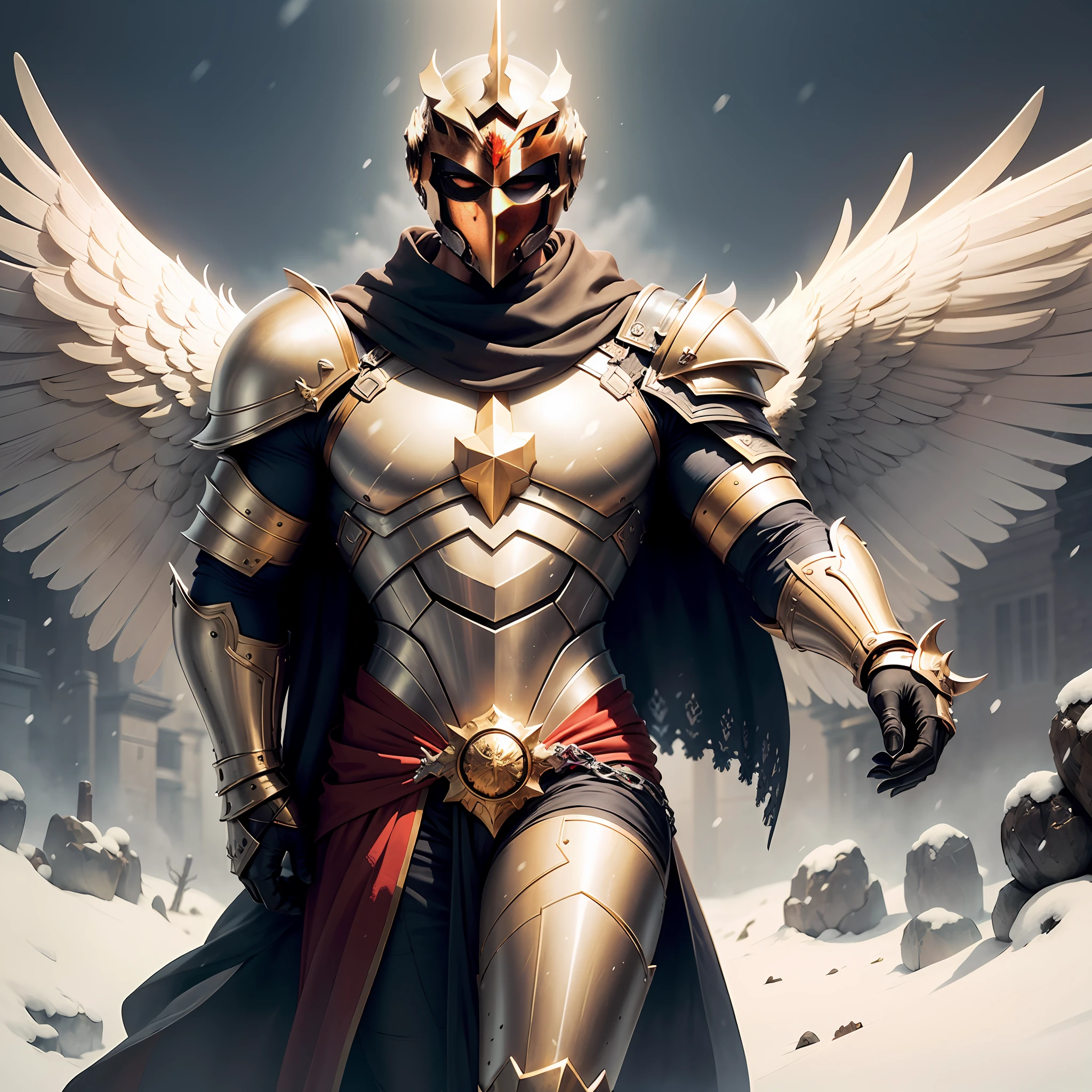 ((Isaac's cloak+Gold and silver armor+Male archangel+Killing Angel+Messenger of Justice)+(The big mask does not show its face+Large snow-white wings+Great picture))&(High-quality illustrations+Extremely detailed+The details are unbeatable+The feeling of heaviness is full)&(Strong muscles+A palatial paradise with a magnificent background+full body armored))