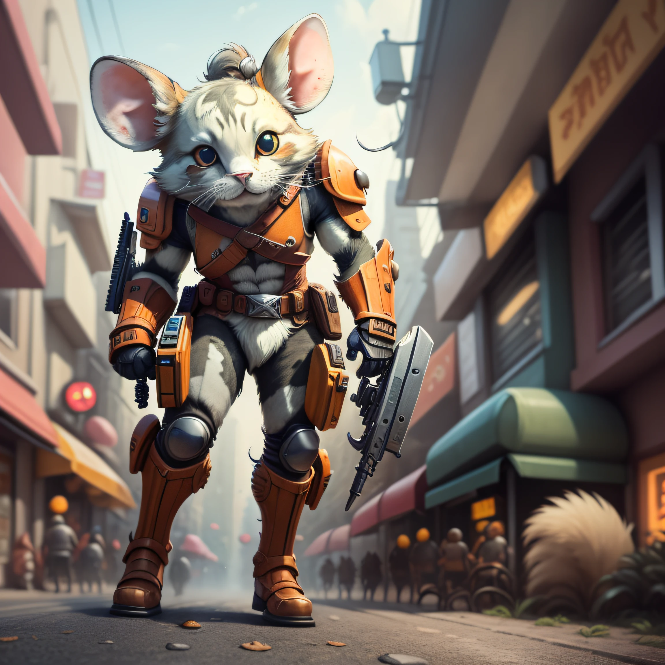 A mechanized mouse, fully armed with weapons, exudes a powerful aura as it roams the bustling streets and alleys. It boasts an intricate design, with every detail meticulously crafted, ensuring the best quality and ultra-high resolution for a truly lifelike appearance.