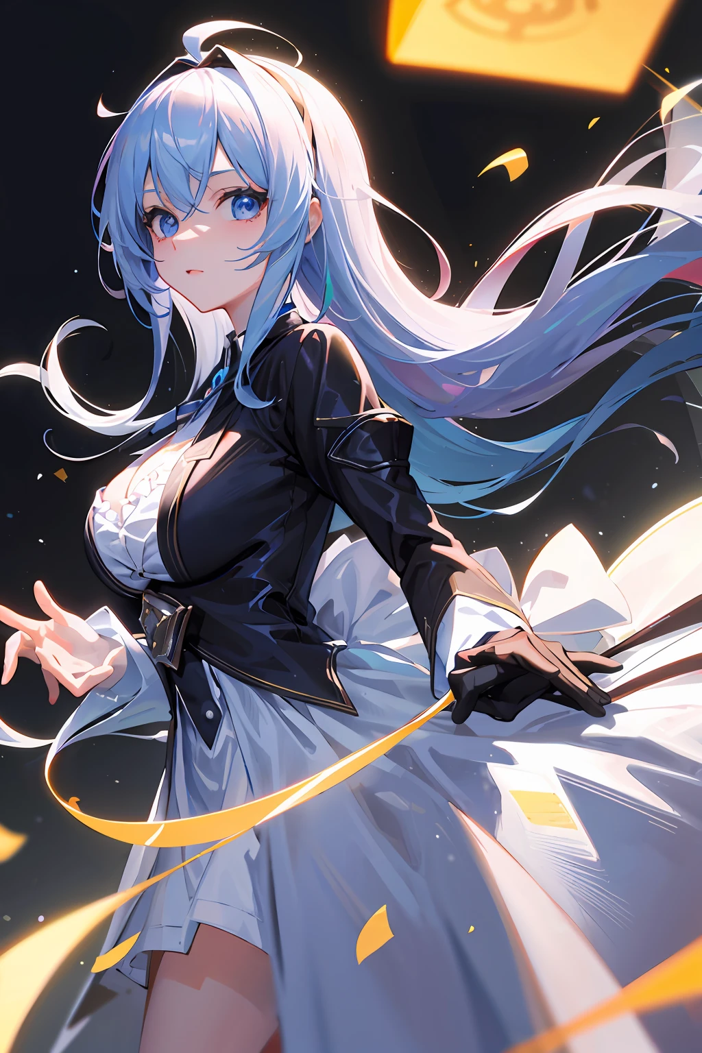1girl,nightcity,Sateen,coat large,Put your hands in your pockets,Become a hero,magical girl,Blue hair,eBlue eyes,Animated style,Royal sister