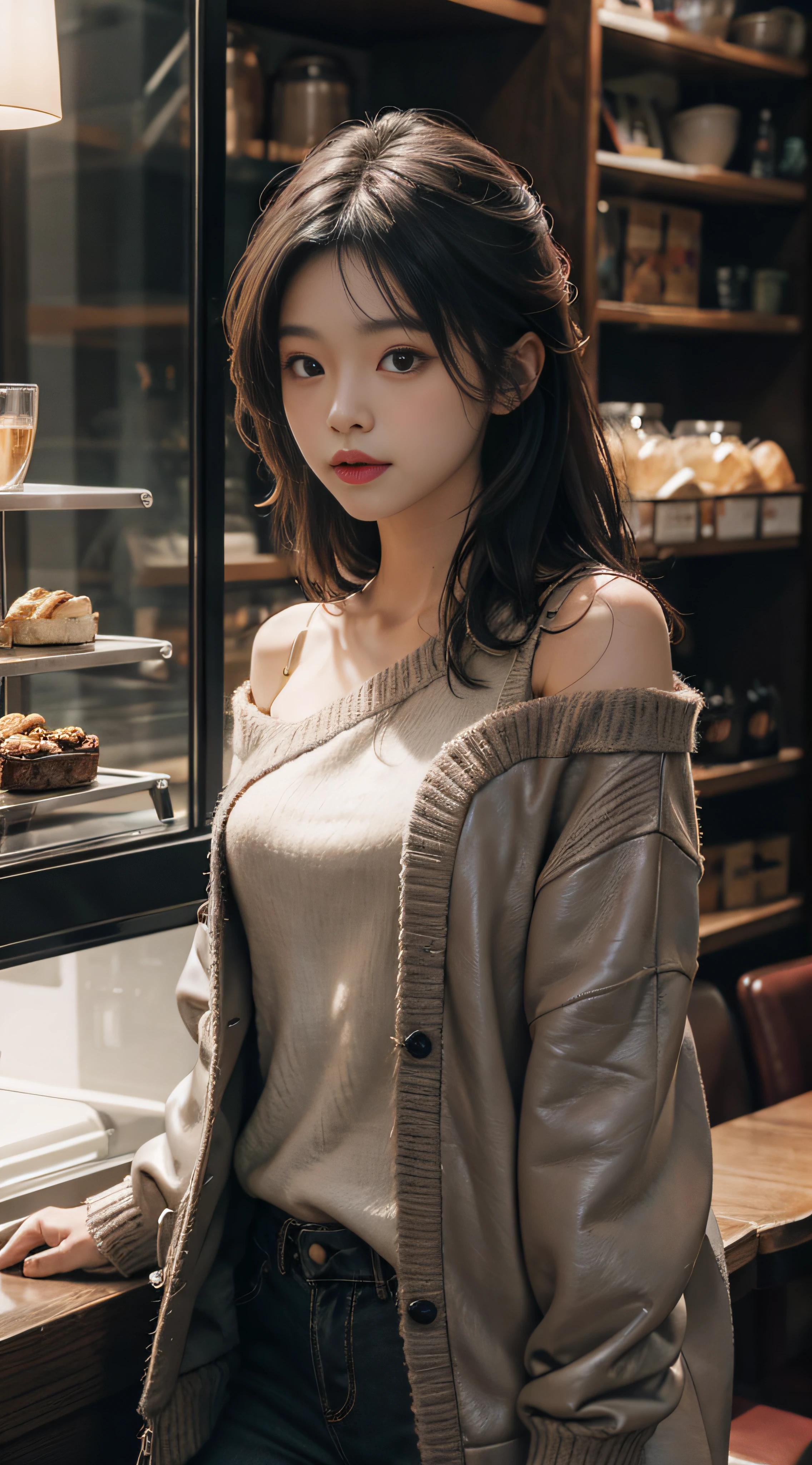 Lambskin,Gray sweater,Burgundy leather coat,Extra-long hair,Exposed shoulder,cafe shop