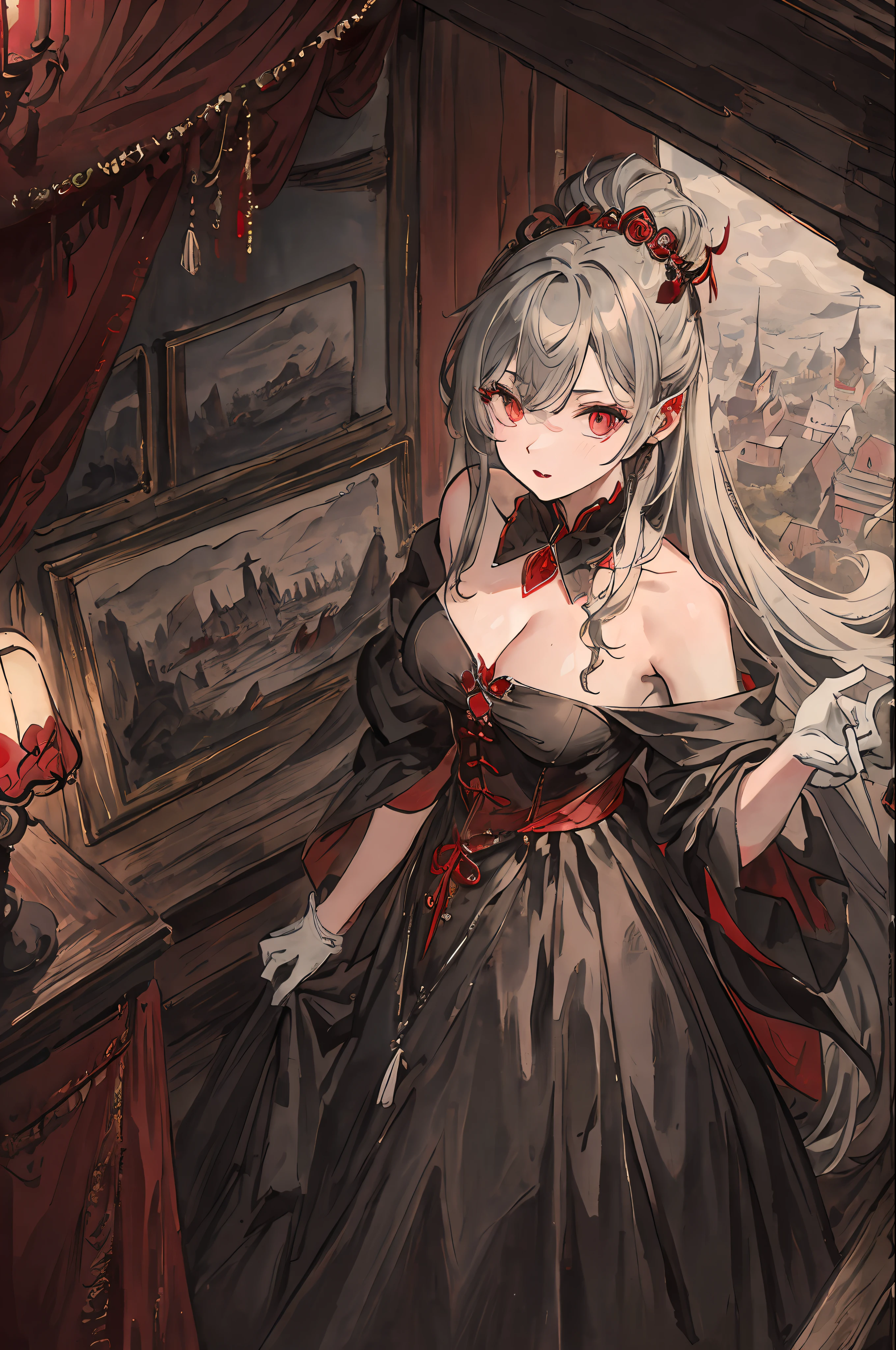 ((masterpiece))、((top-quality))、((Official art))、8K、very detailed illustration、One girl、Gray hair、Long straight hair、Detailed eye、(Interior of the old castle 1.2)、The dim、(Gorgeous red and black gothic dress 1.2)、((Dracula's daughter))、((deadpan))、Fair skin、pure、Meek、bare shoulders、Detailed photo book poses、white glove