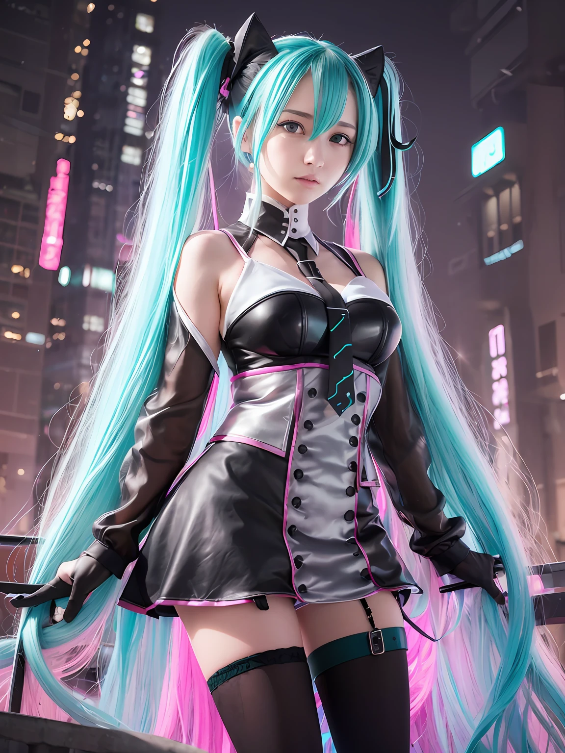 (photorealistic:1.4),(1girl), (best quality), (masterpiece), highly detailed, refined rendering, (highres), hatsune miku, garter straps,cushion, long hair, thighhighs,black skirt, solo, boots, aqua hair, twintails, black jacket, high heels, sweet devil \(vocaloid\),hatsune miku, slender body, smooth skin, professional lighting, Futuristic fashion,High-tech fabrics, Fireproof material,black tight skirt,beautiful detailed eyes,detail hair, ultra-detailed ,detailed face,all black, cyberpunk, mechanical arms, pink headbands,