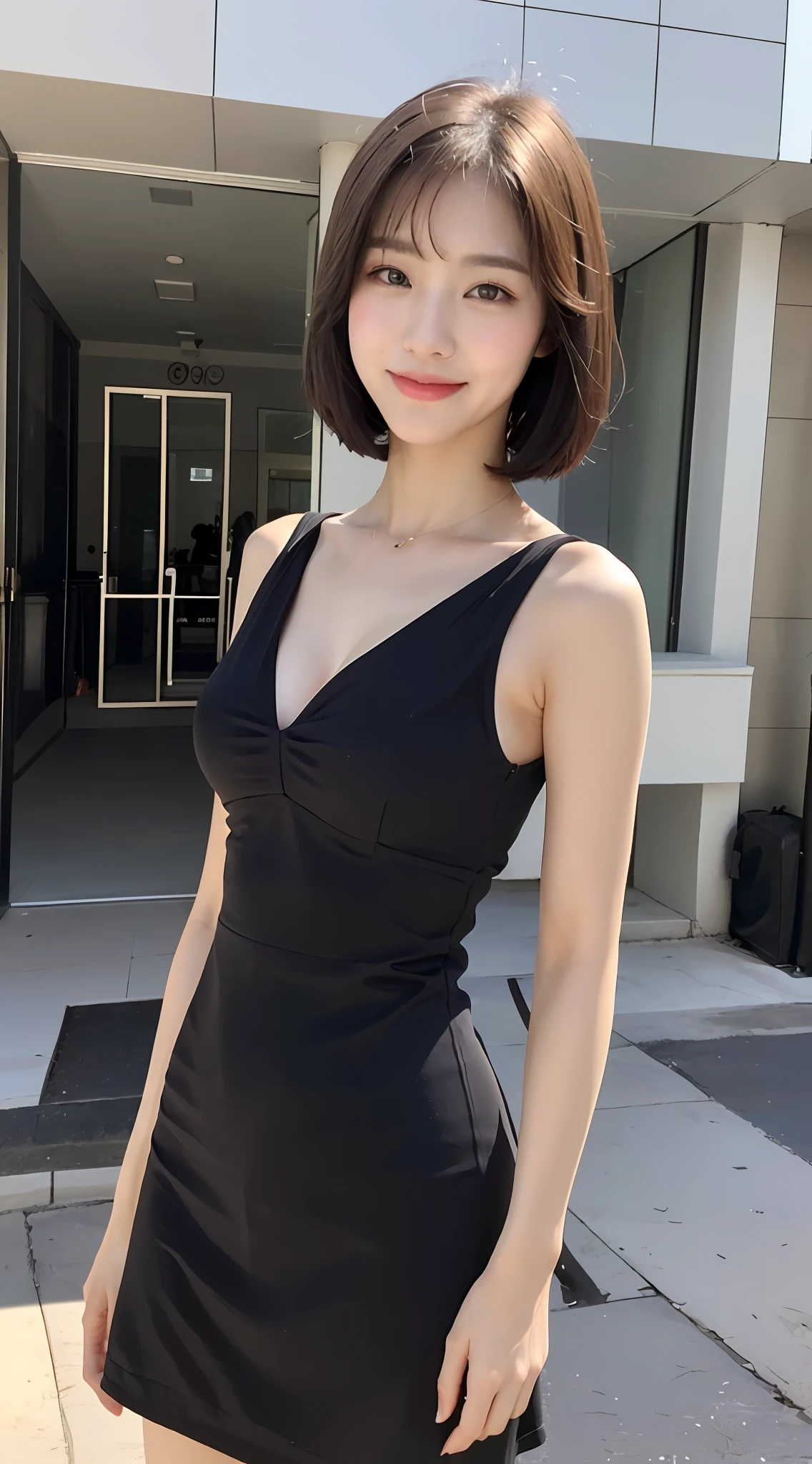 (1 Korean star with royal sister style), ((best quality, 8k, masterpiece: 1.3)), (slender body: 1.3), focus: 1.2, perfect body beauty: 1.4, (smile), (street: 1.3), highly detailed face and skin texture, fine eyes, double eyelids, whitening skin, (short hair, air bangs: 1.3), (round face: 1.5), (little black dress: 1.4),
