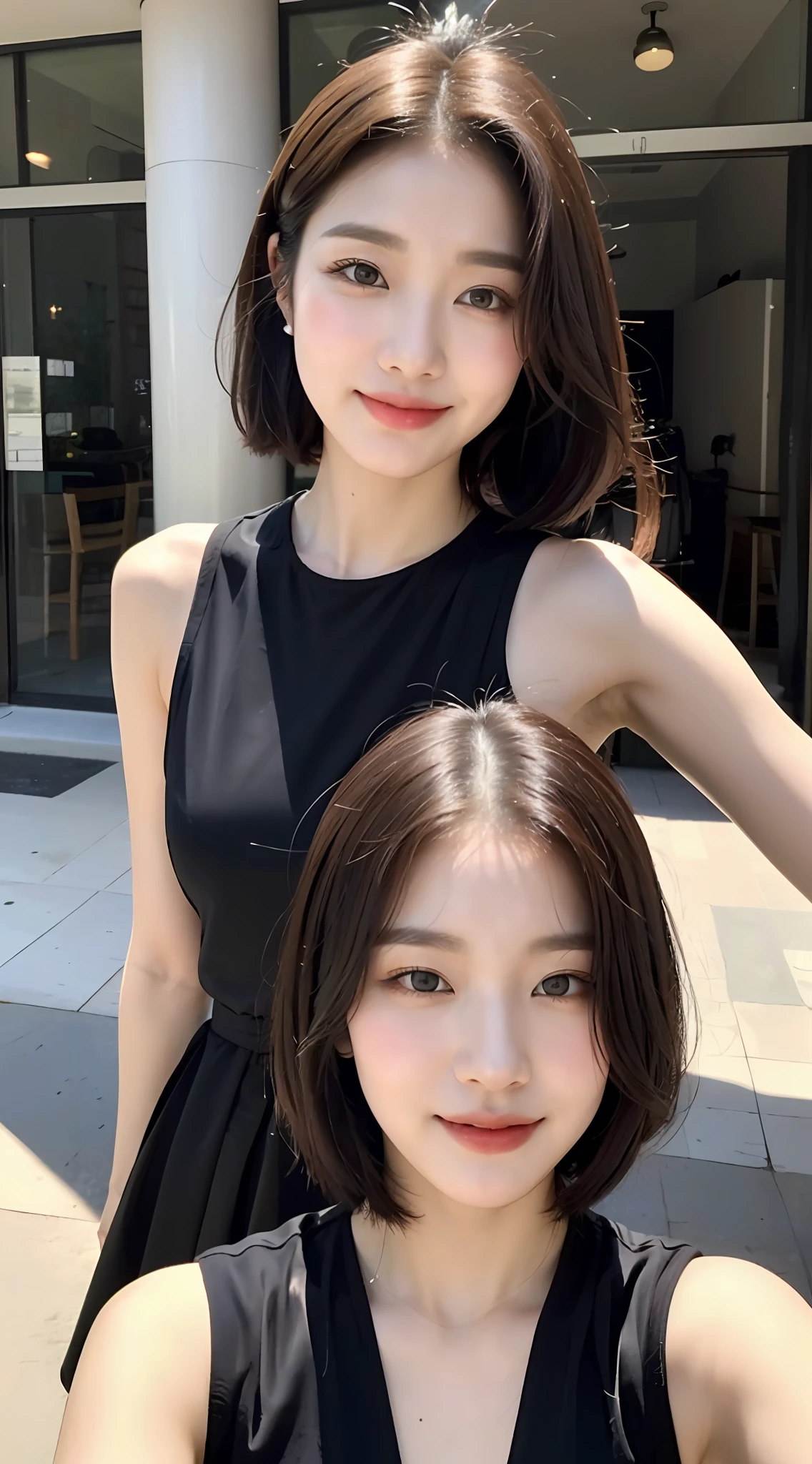 (1 Korean star with royal sister style), ((best quality, 8k, masterpiece: 1.3)), (slender body: 1.3), focus: 1.2, perfect body beauty: 1.4, (smile), (street: 1.3), highly detailed face and skin texture, fine eyes, double eyelids, whitening skin, (short hair, air bangs: 1.3), (round face: 1.5), (little black dress: 1.4),