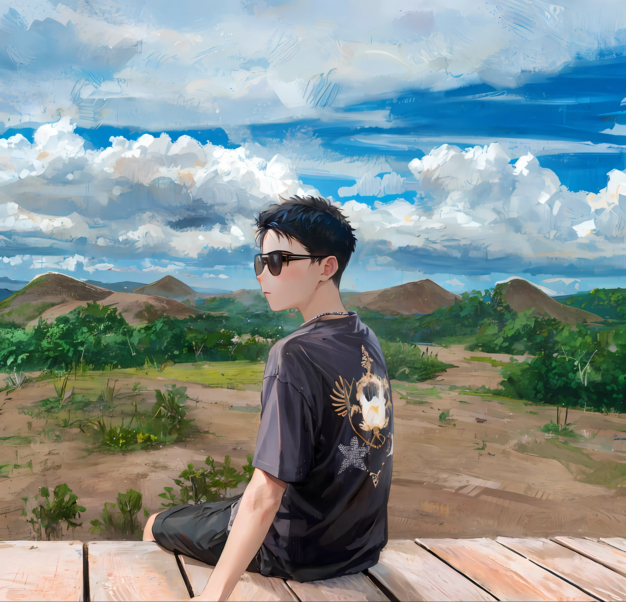 gouache painting,The main tone of teal,low-saturation,,freshen,The boy stood in the mountain forest