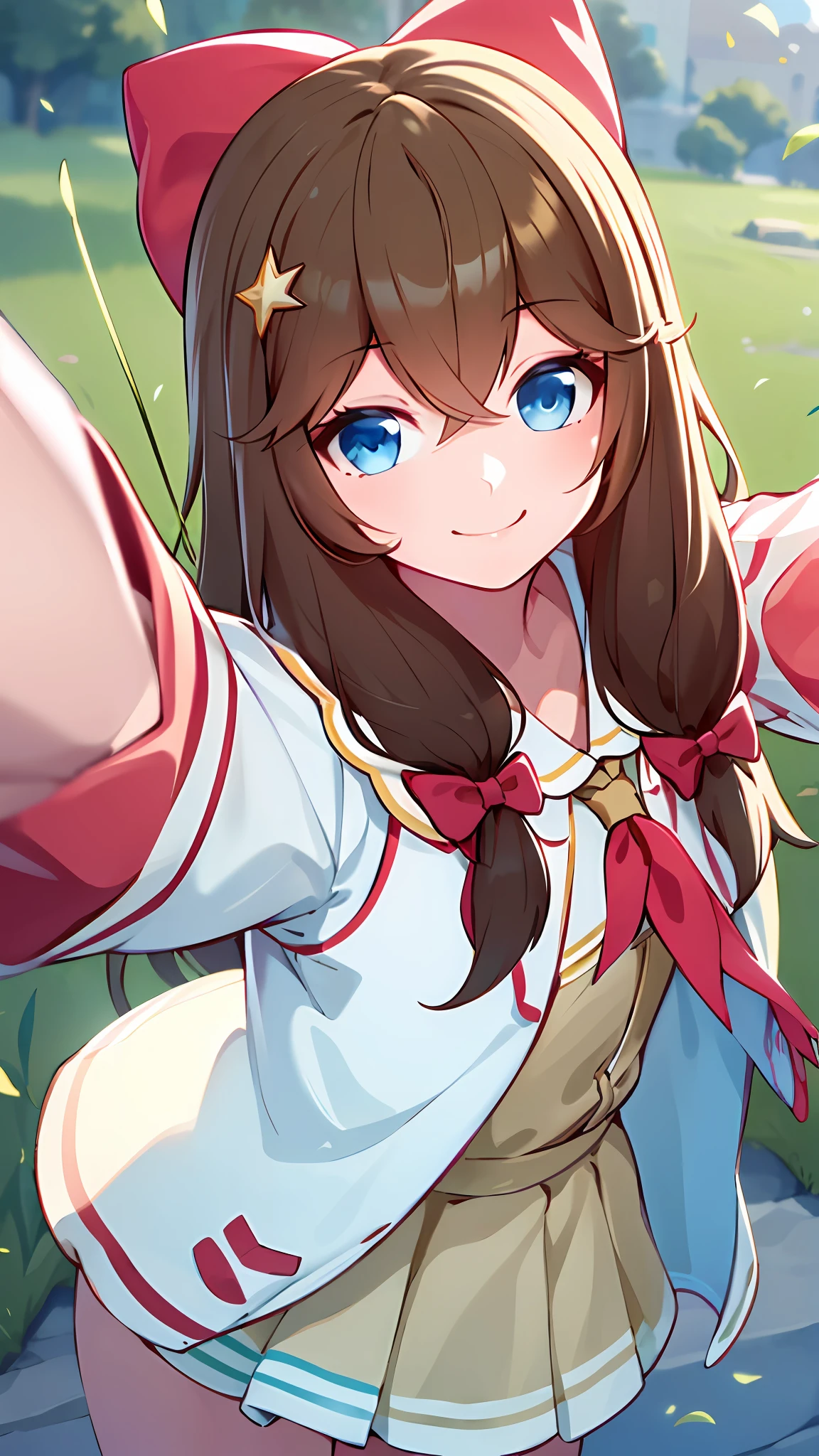 Masterpiece, Best Quality, 1girl, Solo, Dynamic Pose, Brown Hair, Blue Eyes, Long Hair, Red Hair Bow, Light Smile, Shut Up, Reach Out, Floating Hair, Grass, Reach to the Audience, Selfie,