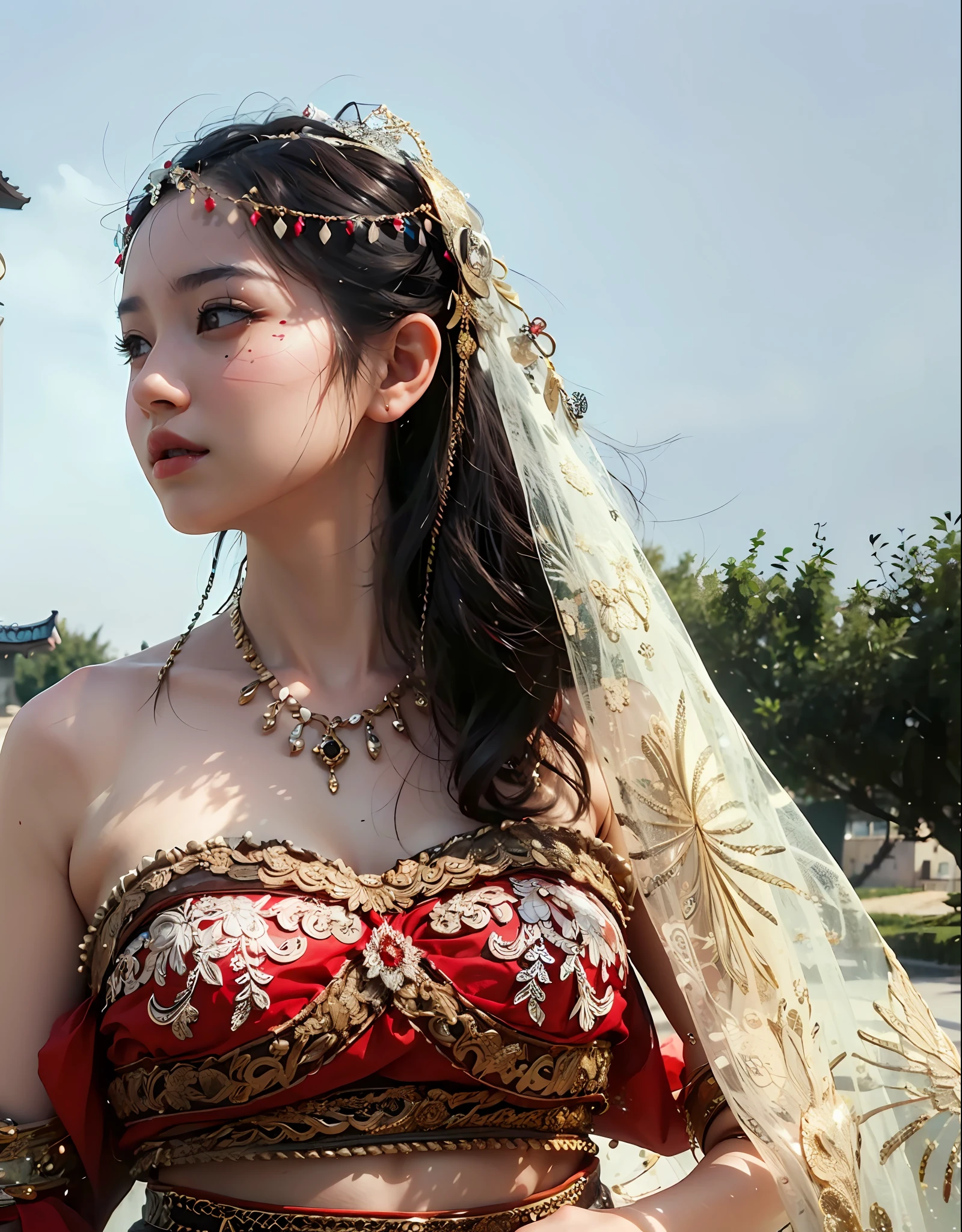 best qualtiy，tmasterpiece，超高分辨率，（realisticlying：1.4），Detal Face，
one-girl，The upper part of the body，a beauty girl，Western Regions architecture，Western Wind，