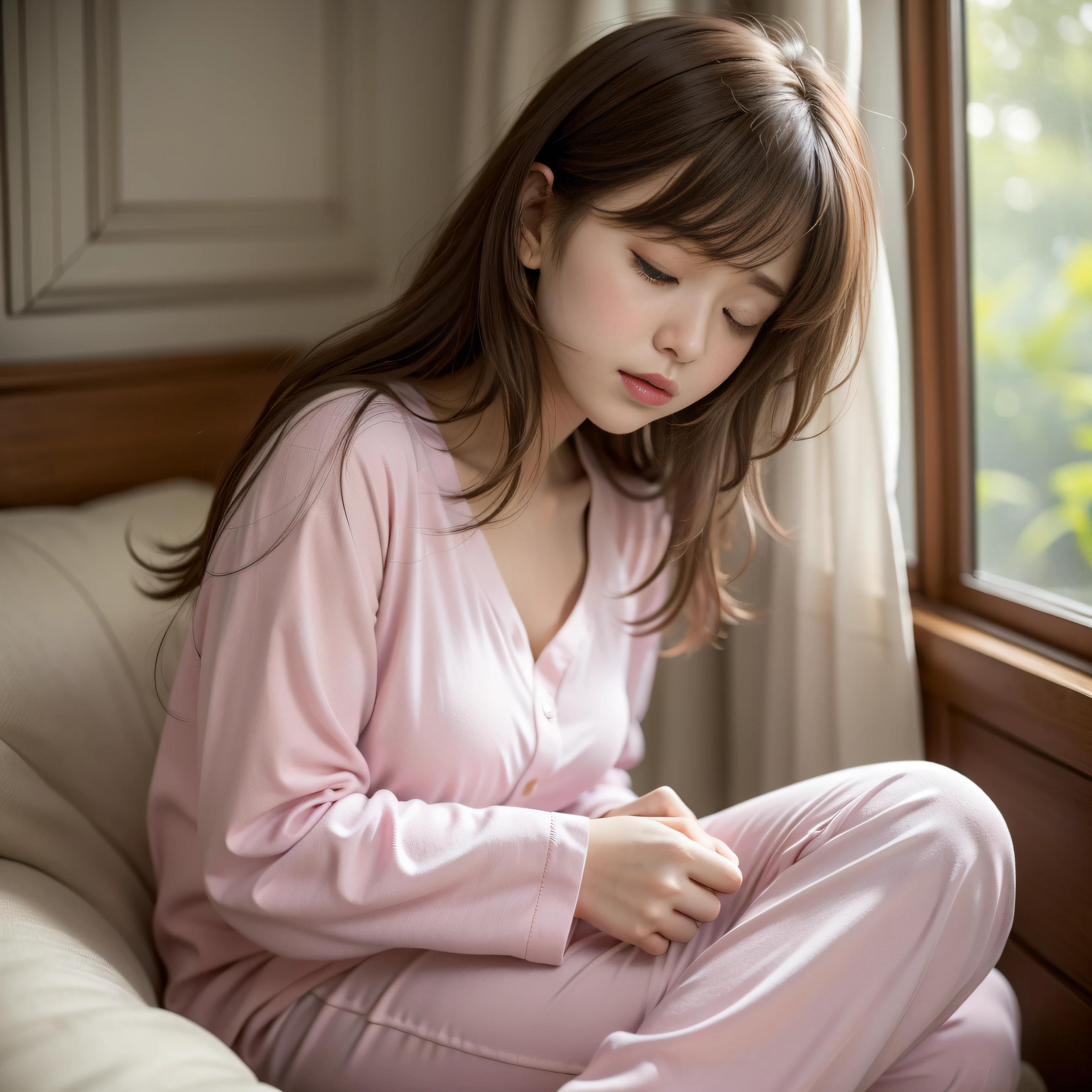 girl sleeping、20 years old、realisticlying、She wears long pants、Wearing a pink disheveled nightgown、Dressed disheveled、Has brown hair。