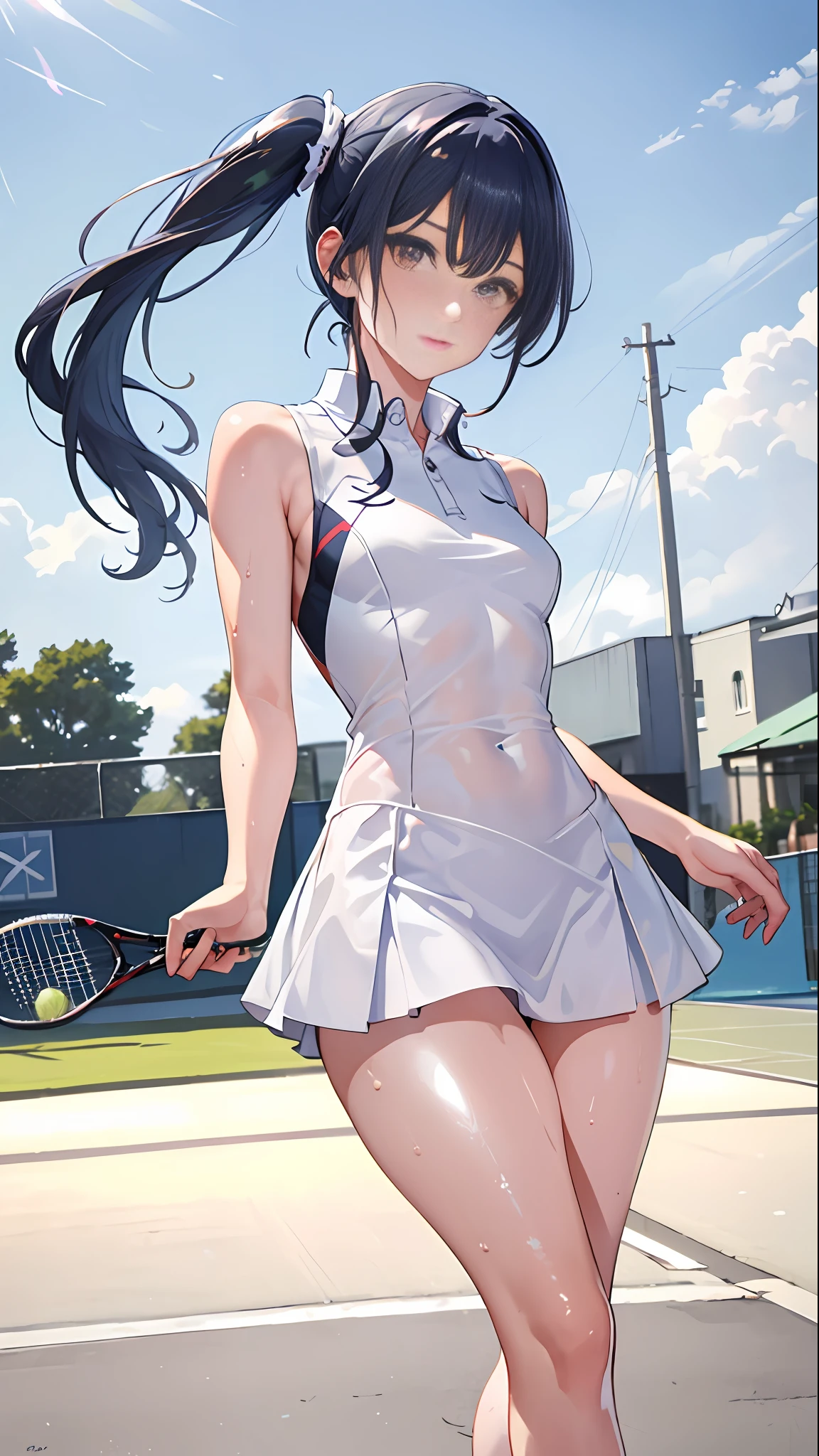 1girl, solo, tennis wear, white polo shirt, white sneakers, white miniskirt, masterpiece, best quality, realistic, hyper-detailed, slender, (shiny skin, sweaty:1.4), absurd, looking at viewer, short twintail, black hair, brown eyes, dynamic lighting, high resolution, sharp focus, depth of field, detailed eyes, sharp pupils, realistic pupils, (small breasts:1.3), (thick thighs:1.1), outdoor, sky