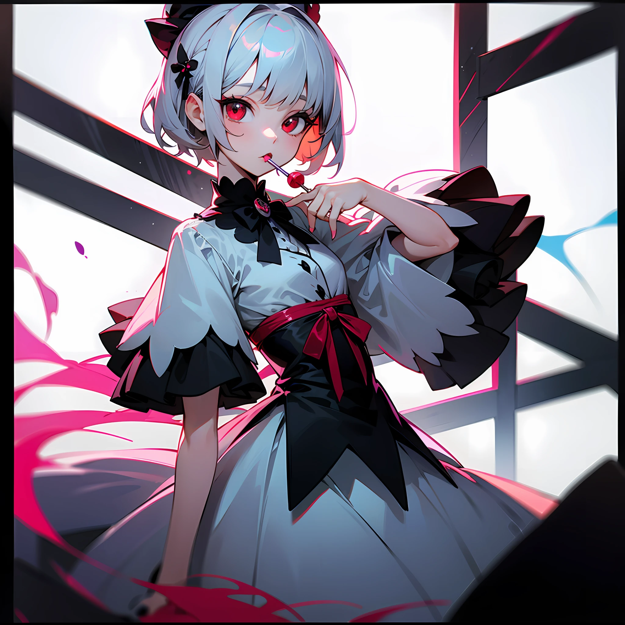A cute little English loli,Short silver hair and red eyes,Height 155cm,With a lollipop,Wearing Lolita --auto