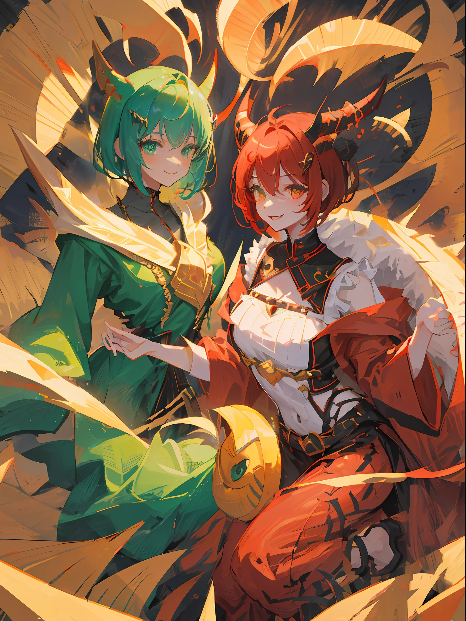 Beast-Human hybrid female character theme, red and black, brave face with confident smile, functional costume emphasizing non-human features like tail, horns, or claws, red wavy short-cut hair, green or gold eye color, confident pose, wild nature background.