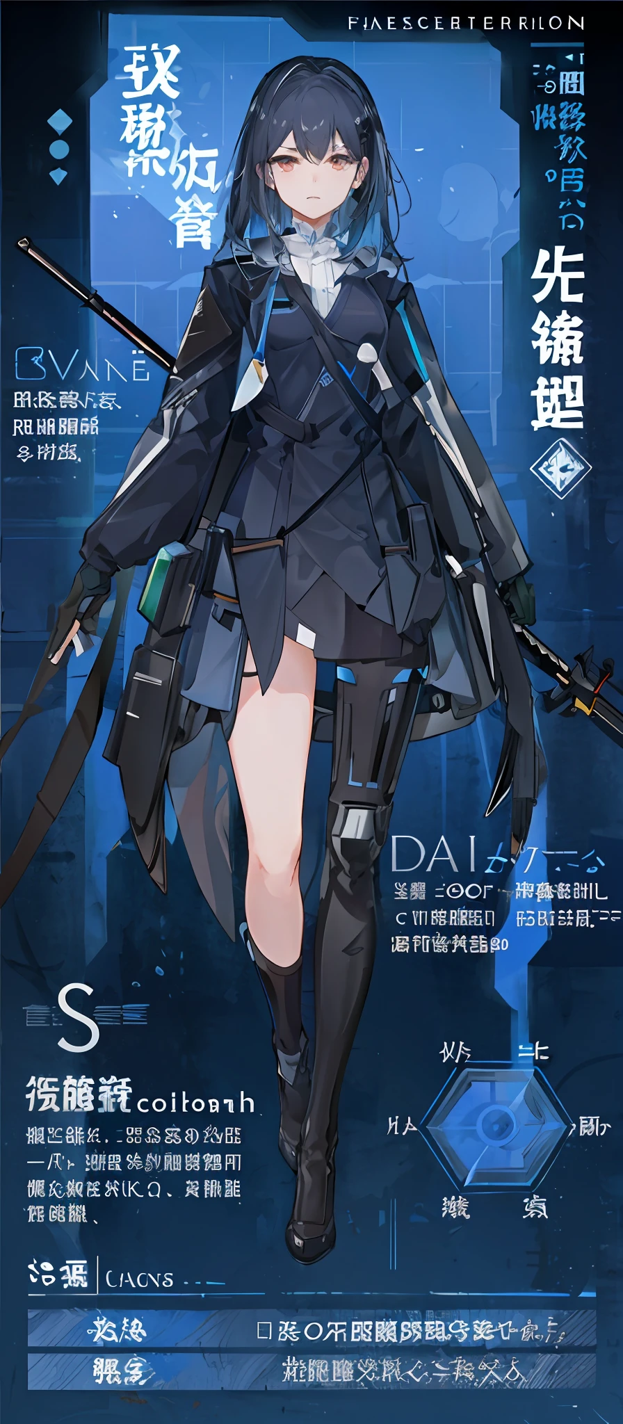 a close up of a person with a gun and a sword, From the night of the ark, full-body xianxia, arknight, Fine details. Girl Front, from girls frontline, cyber suit, cyberpunk anime girl, author：Shitao, anime full body illustration, trending on cgstation, Girls Frontline CG, digital cyberpunk anime!!, Single character full body, Girl front style white shirt，Translucent，black lence stockings。