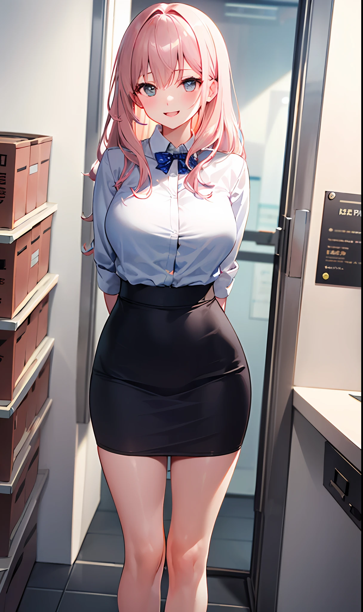 ((tmasterpiece,Need)),(1girll),((A MILF)),Light pink hair,big-areola,((Office Lady)),By bangs,Place your hands behind your back,Stepmother skirt,Good anatomy,middlebreast,(plumw),Slim,ssmile,[Wide hips],Office,standing, Understood \(Blue Archive\),