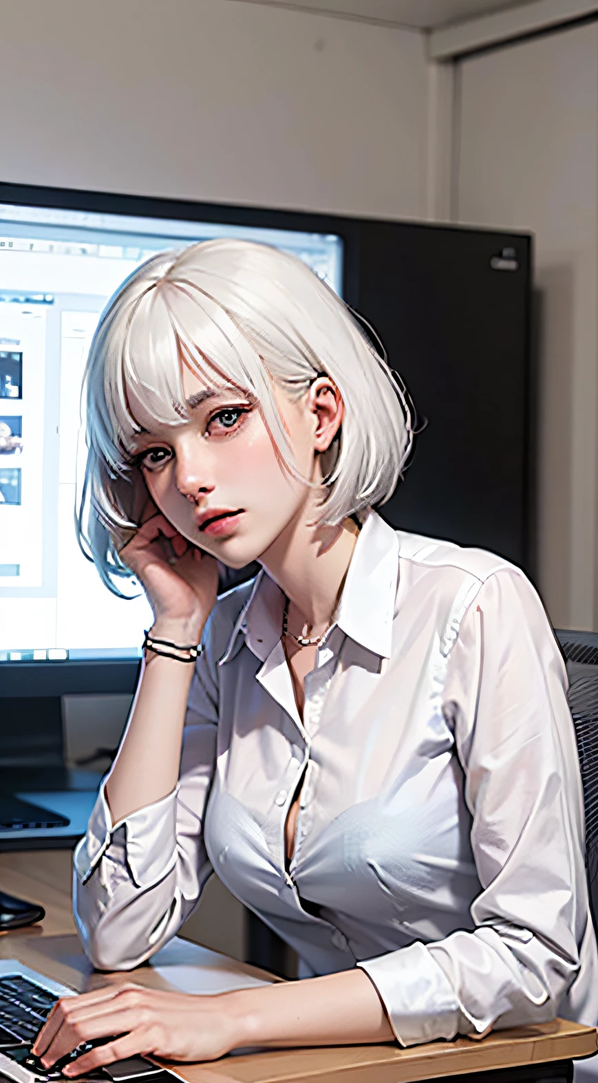 White hair Tired office worker, anime style, UHD, UHD, anatomically correct, best quality --auto