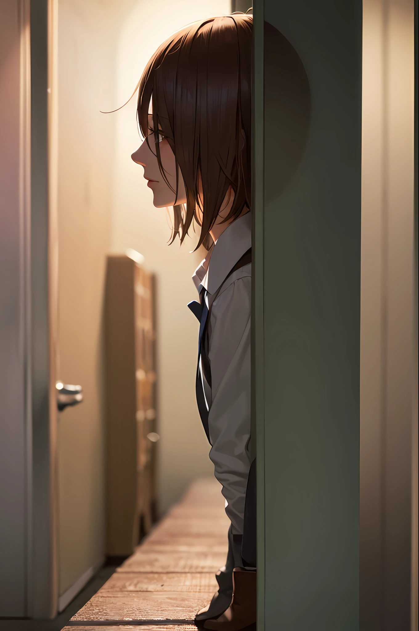 The side face of the person,shadowy,There is light in the distance,boy,sitted,Need