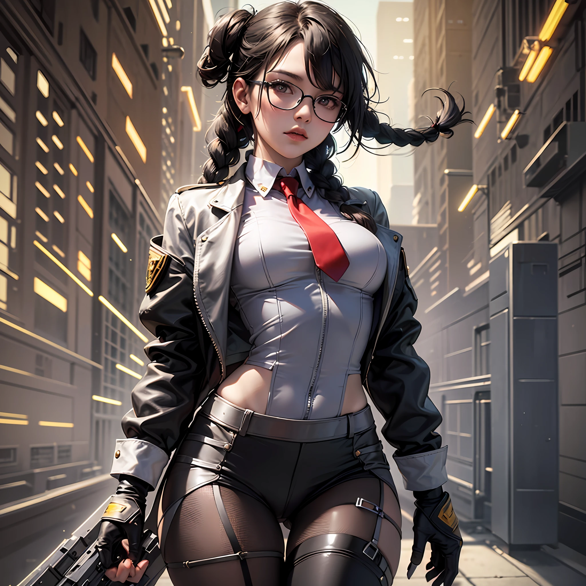 1girll,Black color hair,Twist braids,Qi bangs,red pupils,Round glasses,beauitful face,crisp breasts,Convex buttocks,in a white shirt,red necktie,Black suit,white Heels,There are floating missile-launching weapons on the sides of the body,sci-fy,cyber punk perssonage,perfectly proportioned, Cinematic lighting, filmgrain, Fuji colors, lightand shade contrast, 8K, 巨作, Textured skin, Super detail, high detal, High quality, A high resolution,