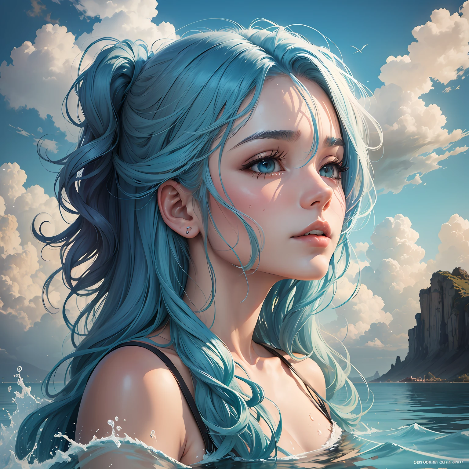 Extreme detail CG Unity 8K wallpaper, Unbeatable masterpiece, Best Picture Quality. The suspended and floating Gwen wears a white martial arts costume, A delicate tie wrapped around her neck, The blue eyes shone with a clear and hot light. Her hair is also embellished with colorful details, where silver hair has a weight of 1.3, Red hair is weighted on 1.2, Both yellow and green hair have a weight of 1.3. at dusk at golden hour, There are clouds in the sky, There are traces of splashing water droplets on the surface of the lake, It presents the effect of a watercolor painting. --auto