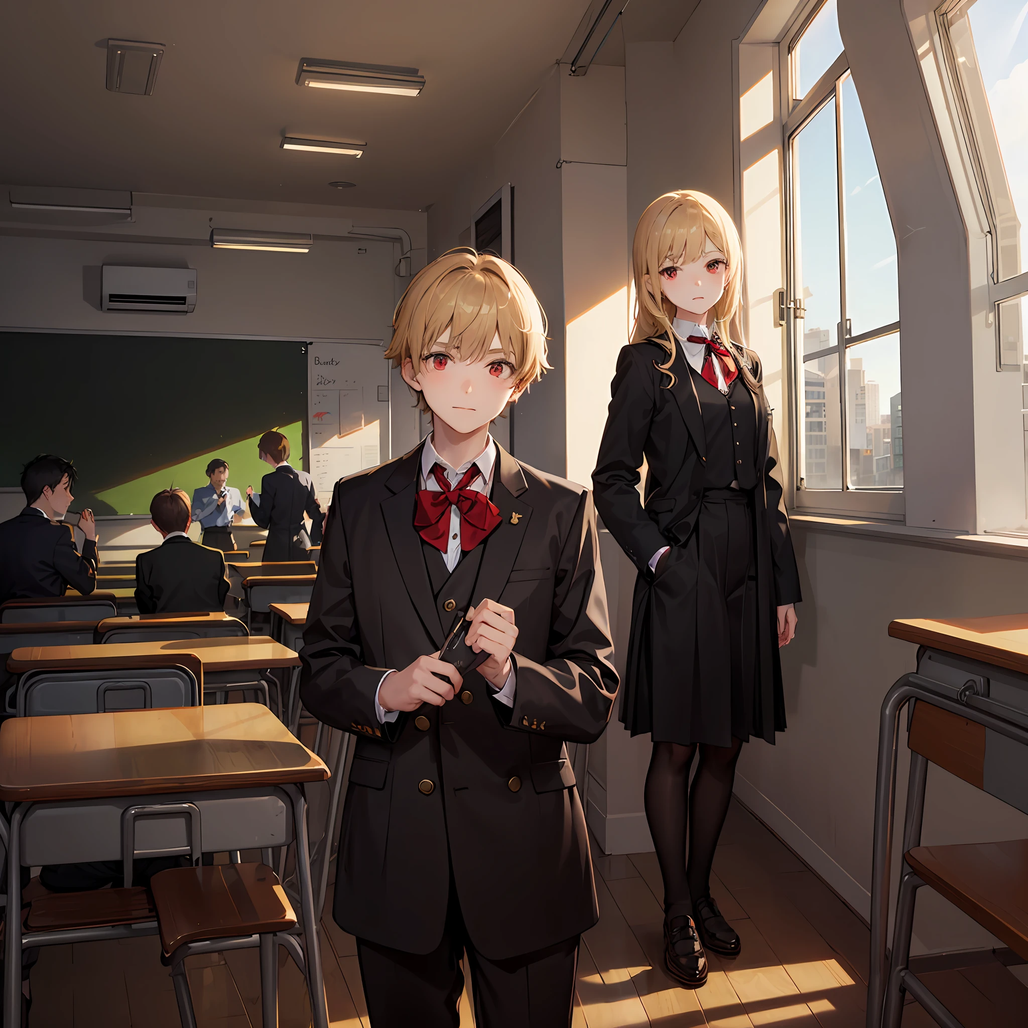 In the 16th century,A -yeld boot tall,Wear a feminine school uniform,blond hairbl,Red eyes,He sat in the back row of the classroom and looked out helplessly，Similar to a university classroom --auto