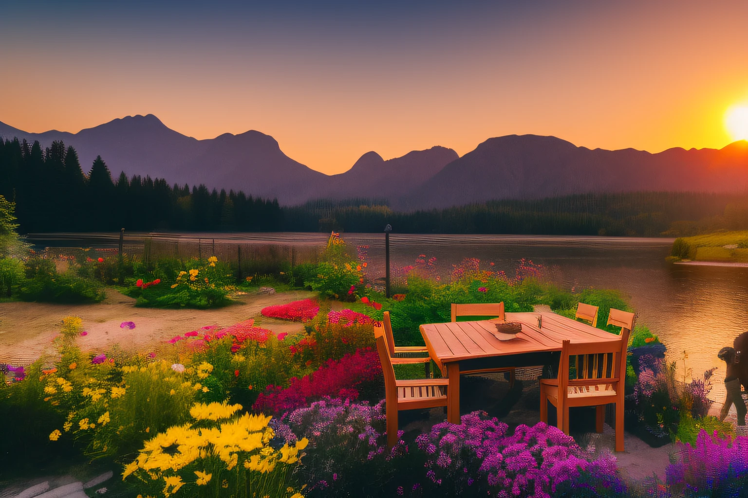 a  farm house having a garden near a lake, wooden table and chair on the garden to sit, mountains behind the farm house, a family sitting on garden, flowers, sunset, 4k, realistic scenery