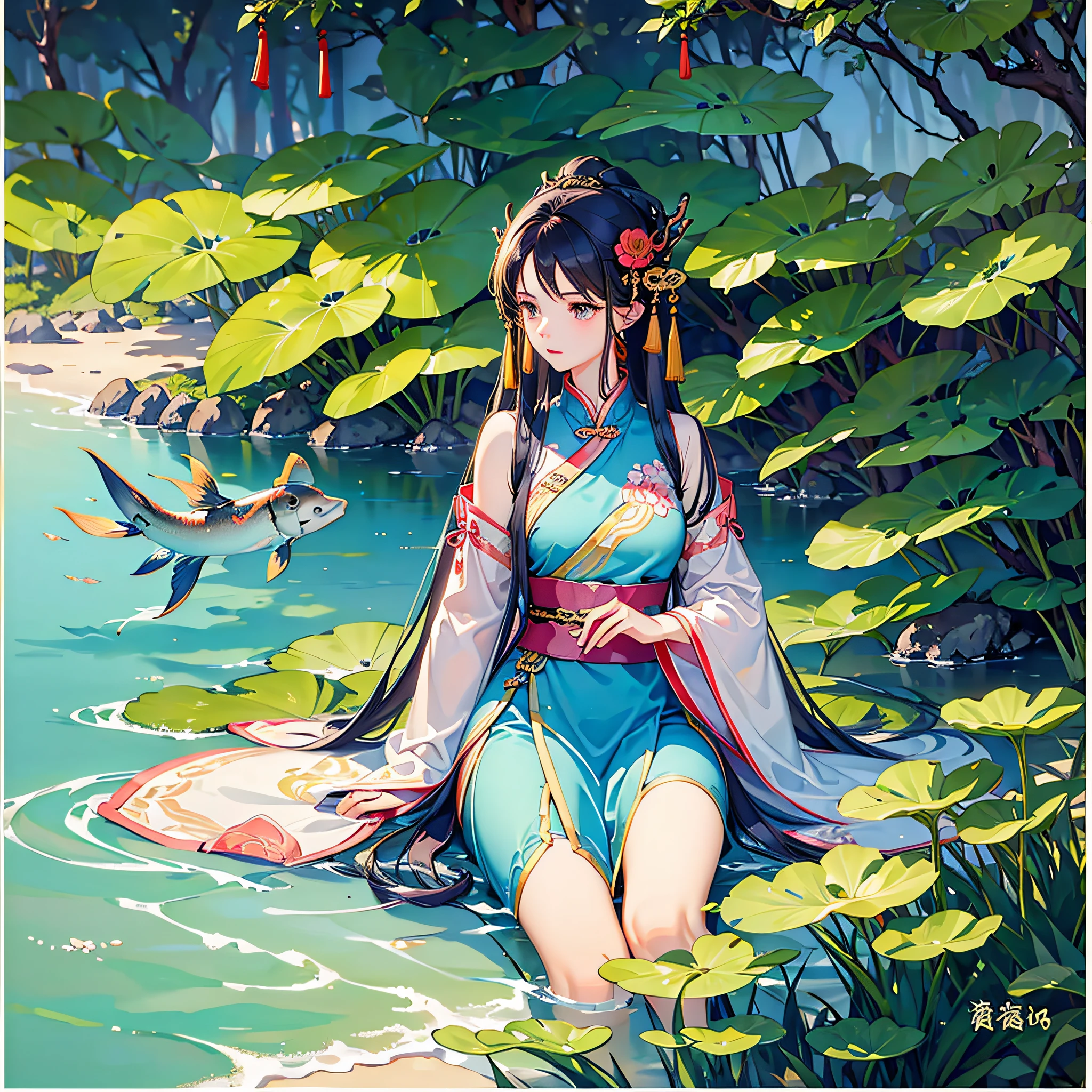 ((4k,masterpiece,best quality)), shuimobysim, Traditional chinese painting, lotuses, Hanfu,  The fish, Many fish are close to the girl, looking at viewert, Titillating，Water flows under the garden，Yuehua Shadow，Ping up the year，Xia He bootstrapped himself，Late forest night talk，Warm breeze frolicking --auto