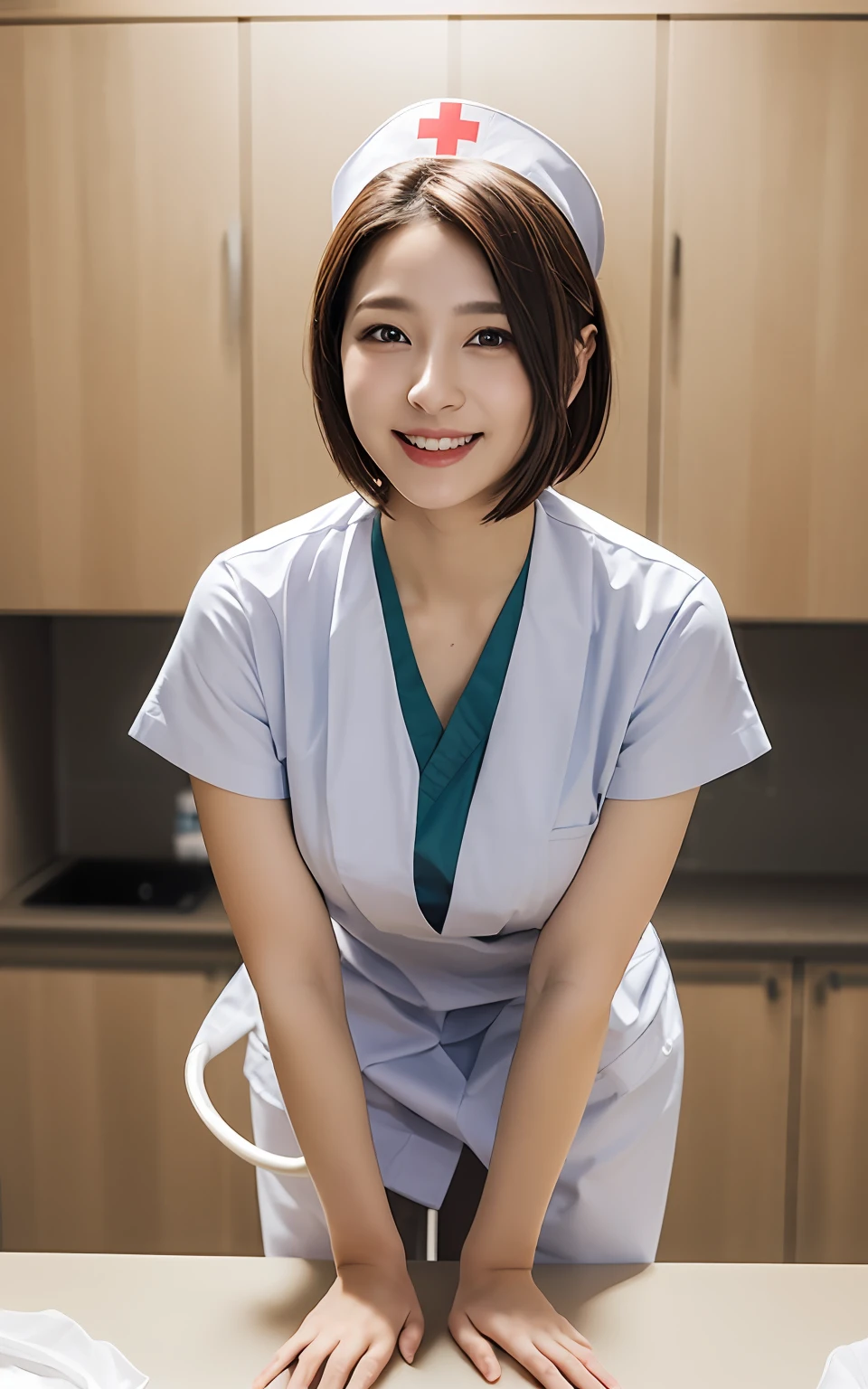 Highly detailed CG Unity 8k wallpaper, With the highest quality, super detailed, ​master piece, Realistic, photos realistic, extremely detailed cute girl, 25 years old, ((Nurse)) , Smile , Round eyes, medium breasts, chubby, looking viewer, Cowboy Shot , (Standing side of hospital medicine cabinet), Kneeling、showing   bra , Short hair,