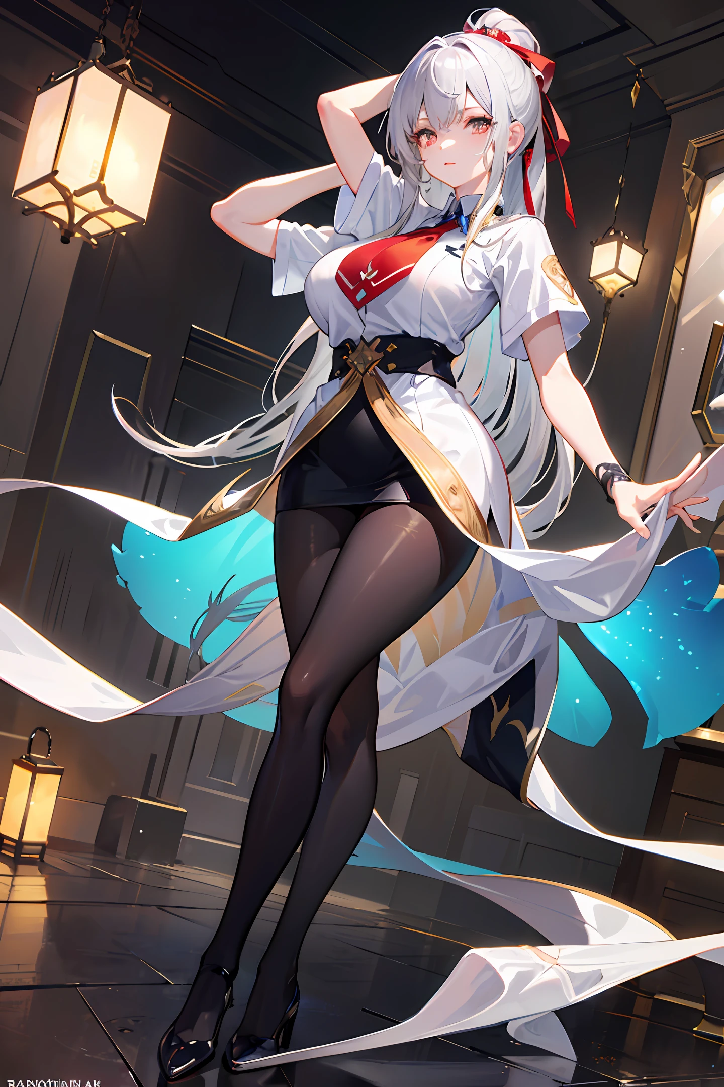 1个Giant Breast Girl!Ray traching,best shadow,A high resolution(dim murky lights)detailedbackground(liveroom)Fluffy silver hair,plump and slender girl,With a high ponytail, avoid golden eyes in the ominous living room(Girl wears white shirt,Black wrinkled skirt,Wearing dark black opaque pantyhose)It shows a delicate and slender figure and beautiful curves,Limbs with correct and reasonable position!hand behind head,The fingers are slender and slender!Stand dignified,detail in face!Delicate facial features!Pay attention to the details of the position of the legs!Pay attention to hand details!high high quality!More eligible!Reduce errors!Painting is more elaborate,Ultra-detailed CG,The picture is more reasonable!Pay attention to finger details!8k wallpaper,tmasterpiece,Double pupil details!Reduce eye size differences!Limit the number of fingers!