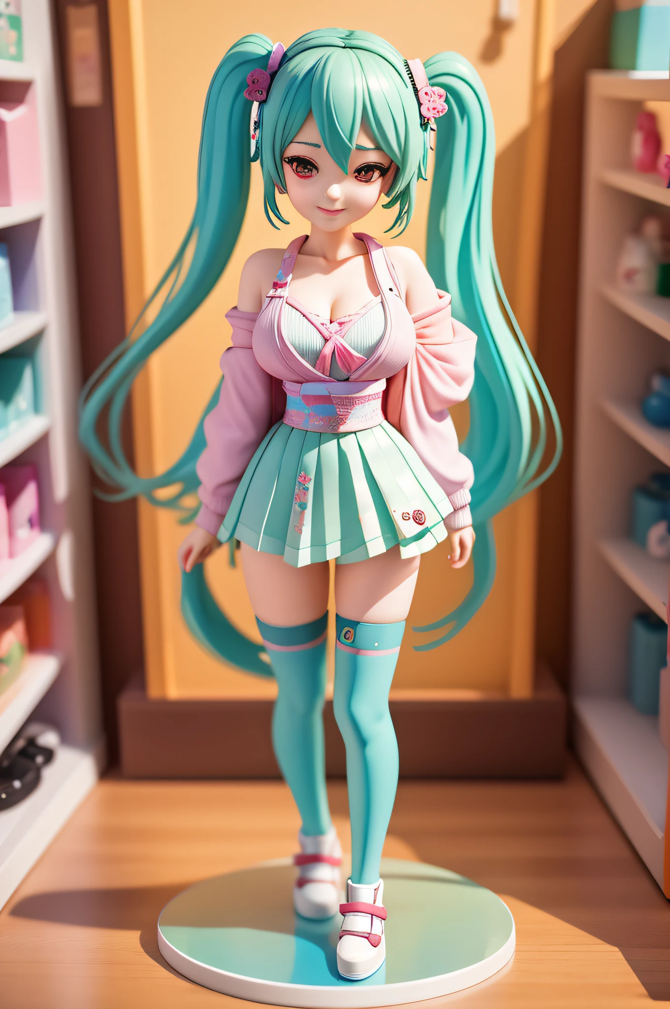 （digitial painting），（best qualtiy），Ukiyo-e art style，8K hyper-realism，Pastel color scheme，gentle illumination, ,3D drawing for girls，（Big breasts Hatsune Miku），Pop Mart blind box，Figures