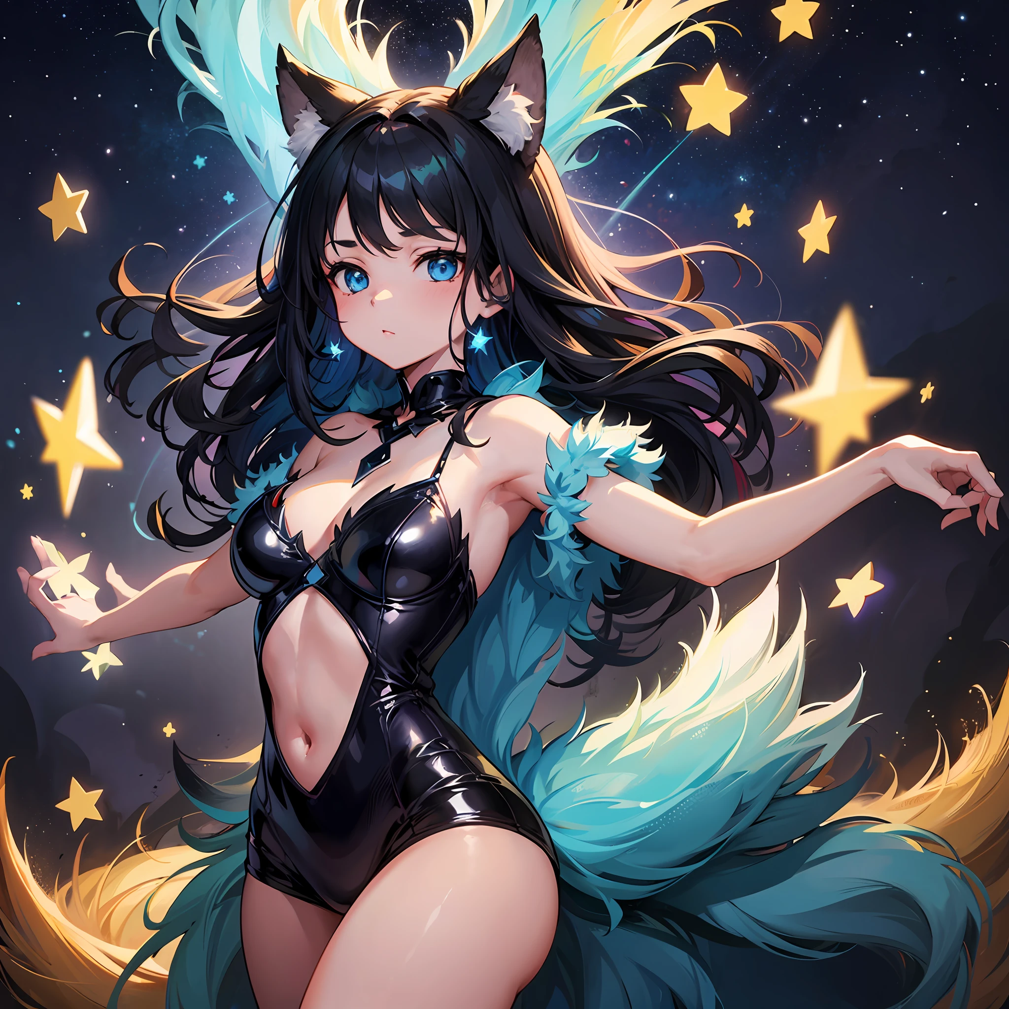 "Floating in a starry background, the ultra-detailed CG of a black-haired girl with blue eyes and a super fluffy tail is a true masterpiece. With vibrant colors and a dreamlike atmosphere, she captivates with her beauty and grace. (Masterpiece:1.2)" --auto