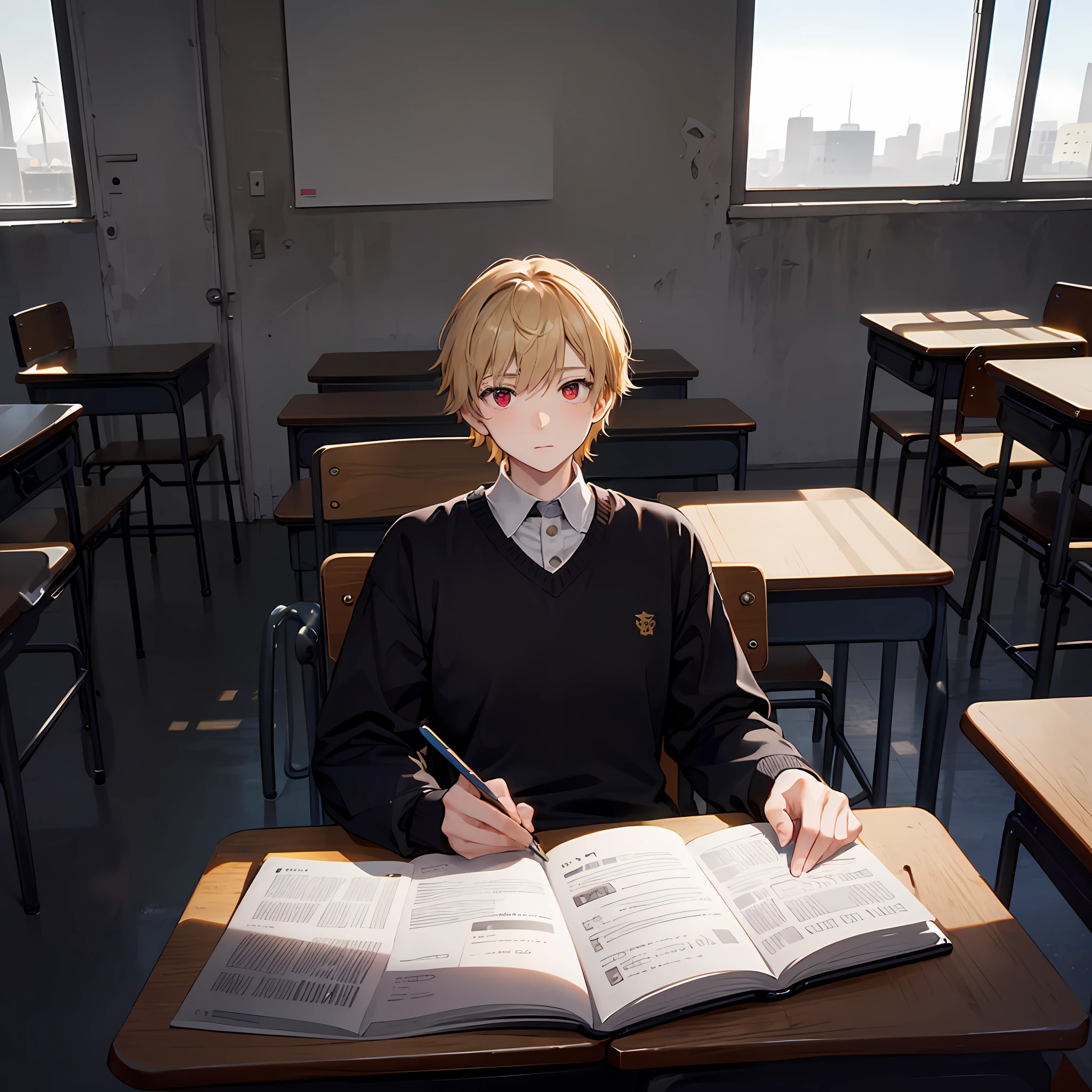 In the 16th century,A 12-year-old boy,Not tall,Wear a feminine school uniform,blond hairbl,Red eyes,He sat in the back row of the classroom and looked out helplessly,Similar to a university classroom --auto