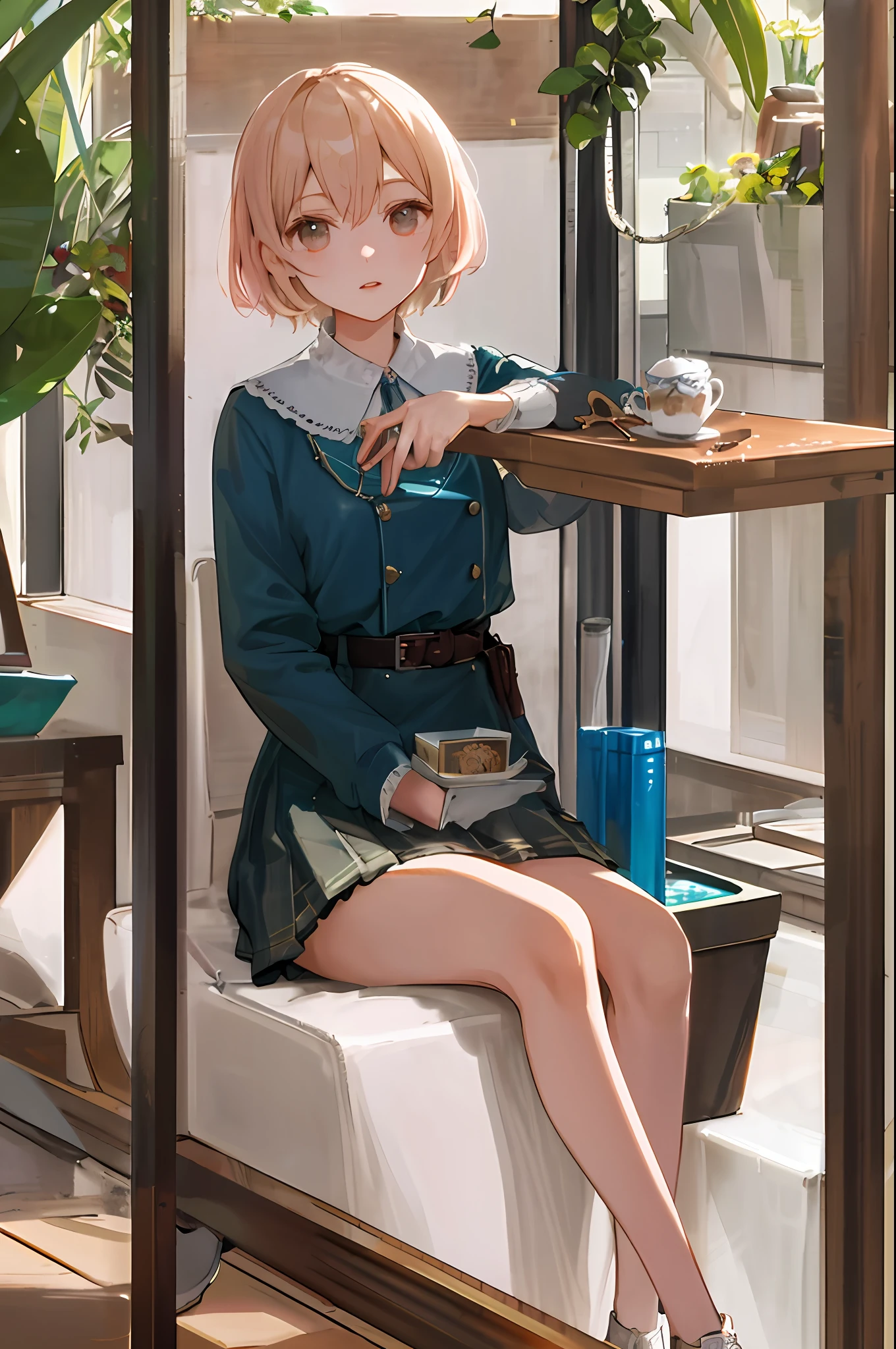 anime girl sitting on a bench with a cup of coffee, mysterious coffee shop girl, Kantai collection style, Guweiz in Pixiv ArtStation, anime visual of a cute girl, up of young anime girl, saori, trending on artstation pixiv, Guviz, Guweiz on ArtStation Pixiv,