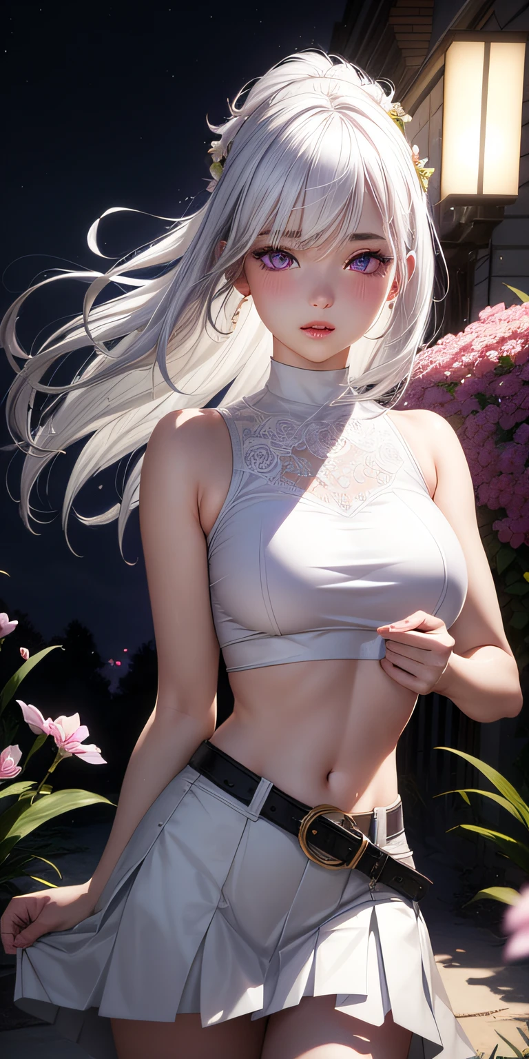 realistic, 1girl, white hair, purple eyes, glowing eyes, crop top, skirt, parted lips, blush, night, flowers, sun, sunlight,