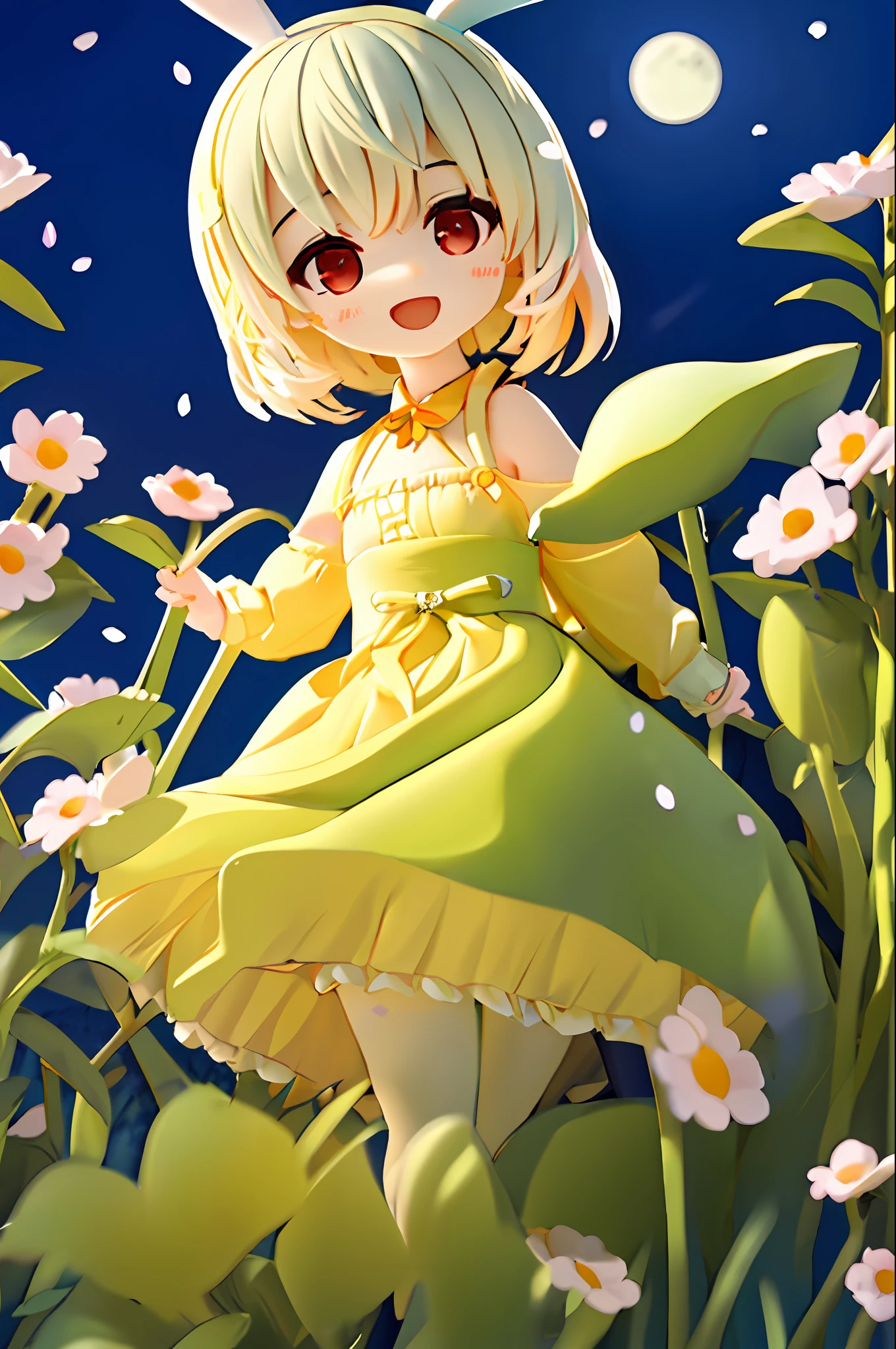 (masterpiece, best quality:1.2), illustration, absurdres, highres, extremely detailed, 1 petite girl, white short hair, rabbit ears, red eyes, eye highlights, dress, short puffy sleeves, frills, outdoors, flower, fluttering petals, upper body, (moon:1.2), night, depth of field, (:d:0.8),