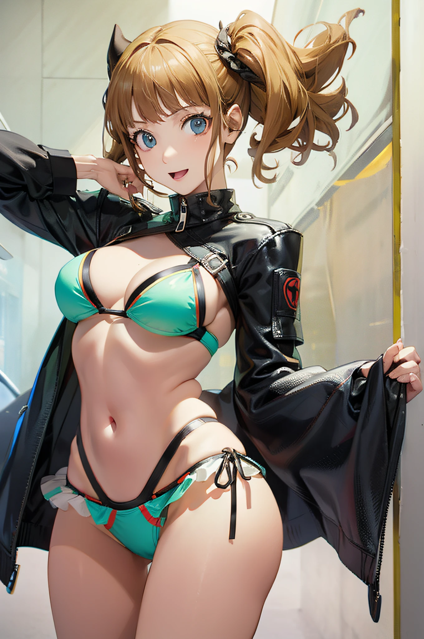 persona 5 art style、Persona 5 Style、Kasumi Yoshizawa、Yoko Asagiri、bikini-armor、Full body like、high-level image quality、poneyTail、Small breasts、Bangs、Smooth thighs、Patsun、top-quality、The ultra -The high-definition、Fine eyes、Slender legs、Fine and beautiful eyes、8、a white bikini、stick out buttocks、a blond、odd eye