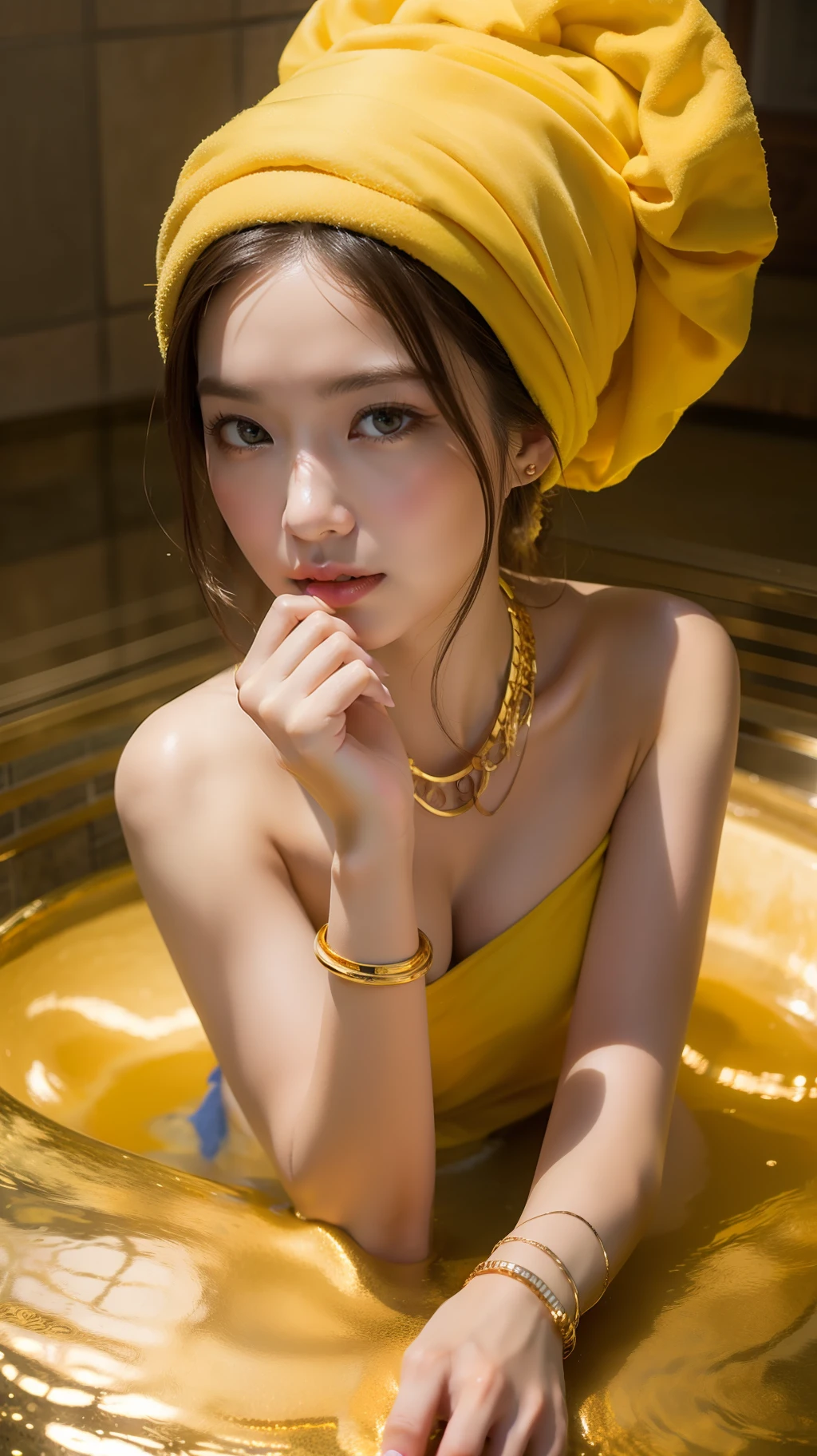 8k,Beautiful woman out of the bath,luxury villa,Wear a yellow turban,Wrap in a bath towel,The barefoot,Gold anklet,necklace gold,Gold bracelet,Ultimate detail