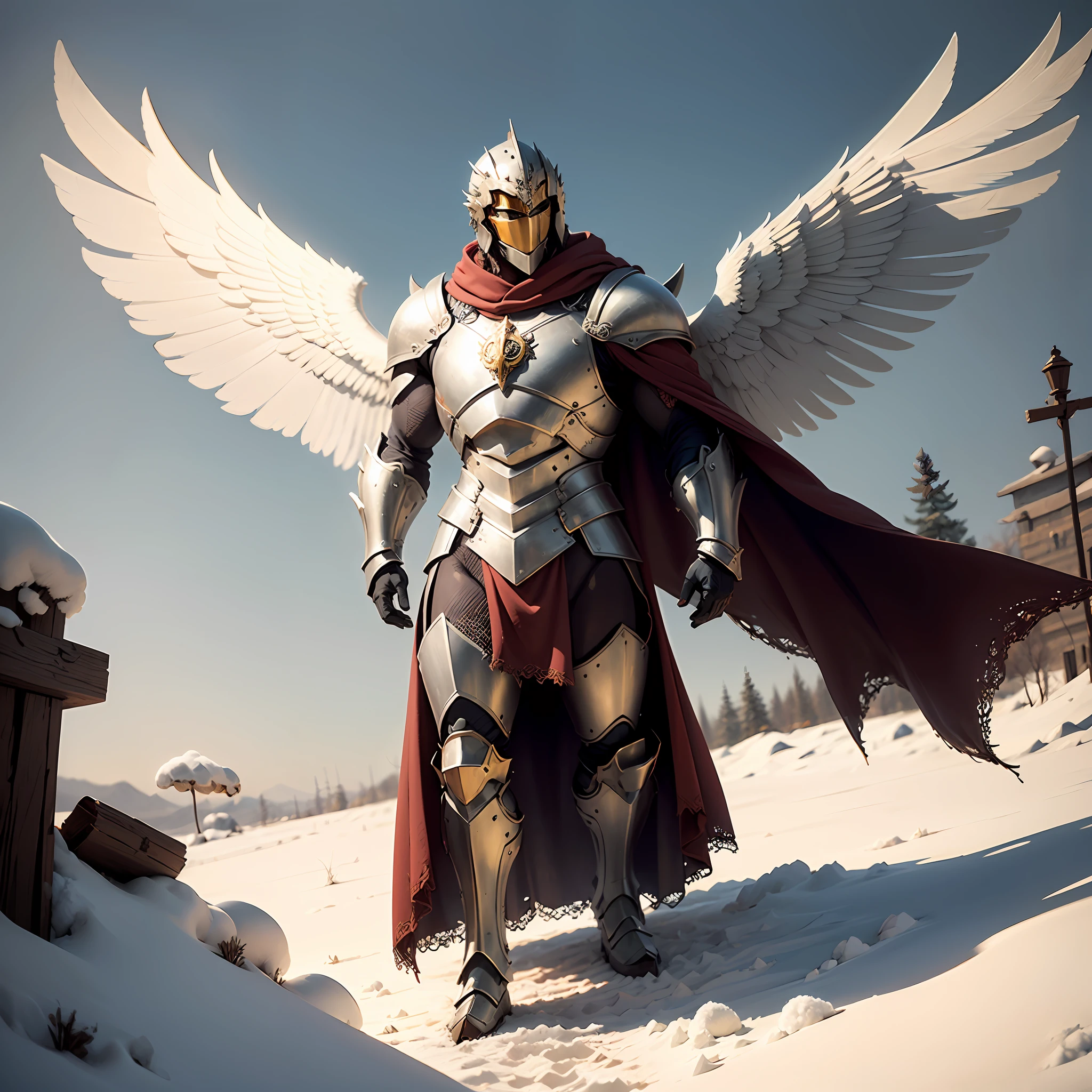 ((Isaac's cloak+Gold and silver armor+Male archangel+Killing Angel+Messenger of Justice)+(The big mask does not show its face+Large snow-white wings+Great picture))&(High-quality illustrations+Extremely detailed+The details are unbeatable+The heaviness is full)&(Strong muscles+A palatial paradise,The background is magnificent+full body armored)),The wings are very large,The wing and body ratio is 3:1
