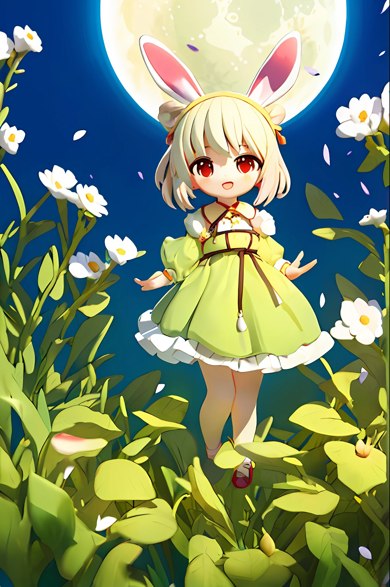 (masterpiece, best quality:1.2), illustration, absurdres, highres, extremely detailed, 1 petite girl, white short hair, rabbit ears, red eyes, eye highlights, dress, short puffy sleeves, frills, outdoors, flower, fluttering petals, upper body, (moon:1.2), night, depth of field, (:d:0.8),