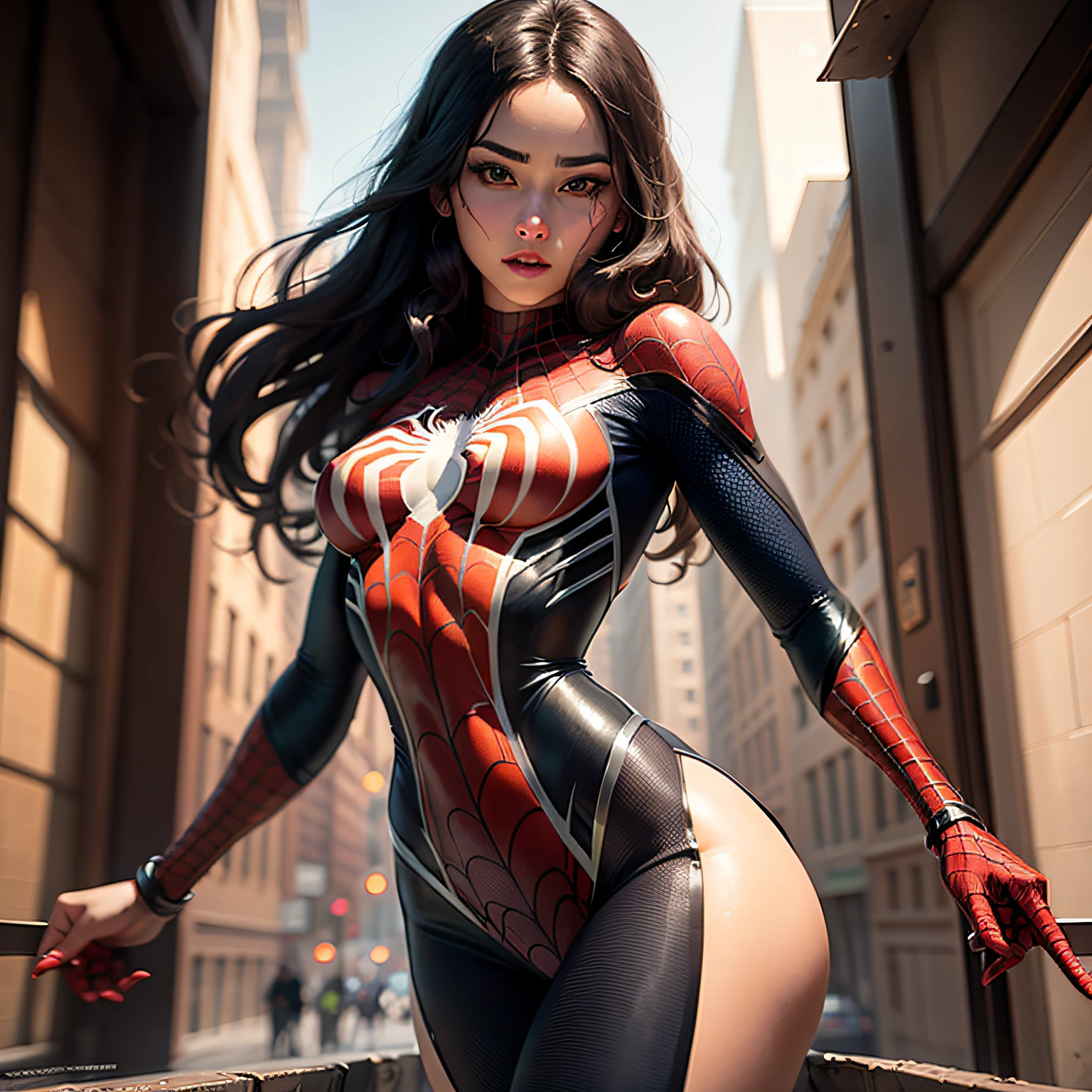 Beautiful woman detailed defined body using spider man cosplay, small breasts --auto