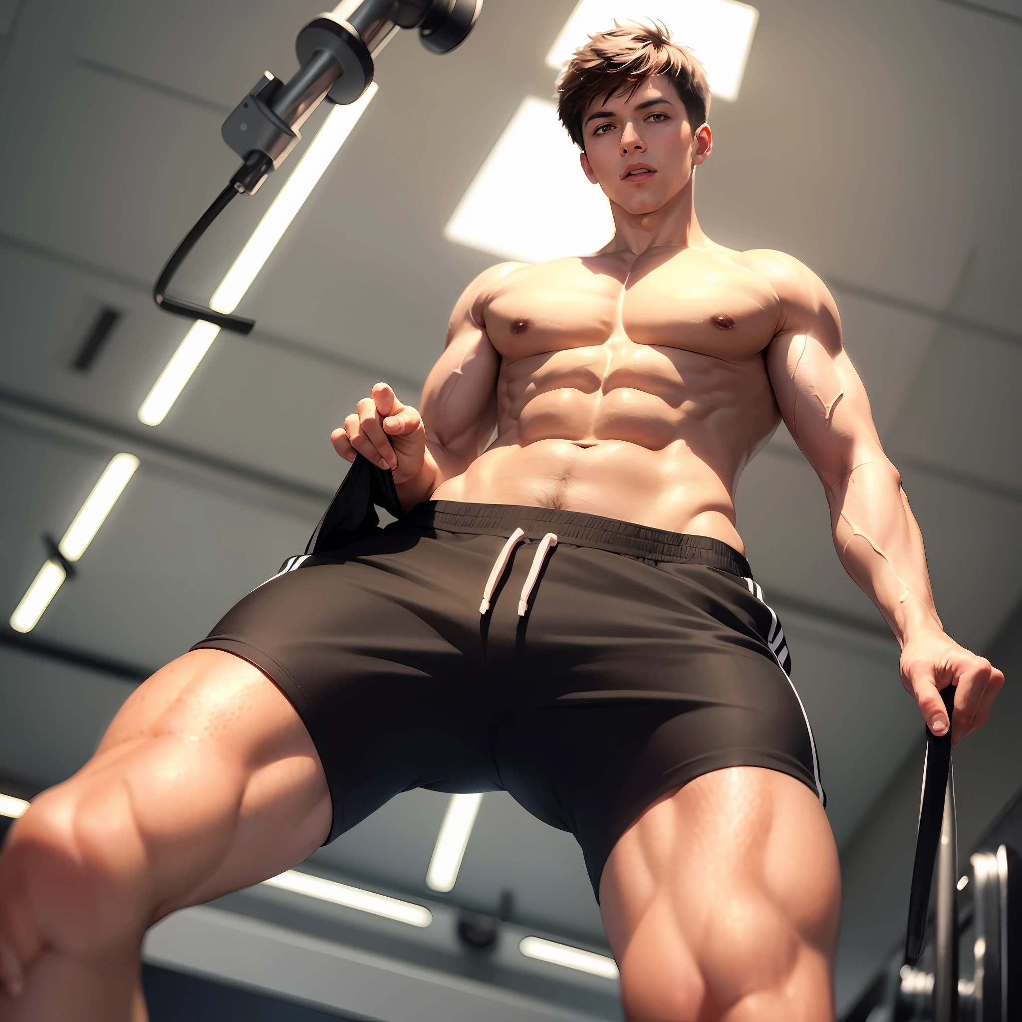 (absurderes,A high resolution,ultra - detailed,HDR),tmasterpiece,best qualtiy,1boy,独奏,handsome,Robust short hair,brunette color hair,with brown eye,详细的脸,White skin,vests,Lift the shirt,(track pants),Fitness background,from below, --auto