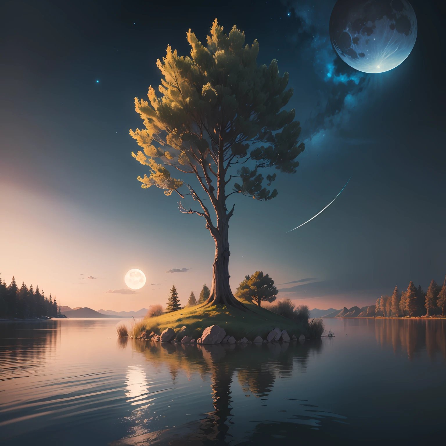 "(Extremely detailed Cg Unity 8K wallpaper,Masterpiece, Best quality, super ultra detail),(full lighting,Best shadow,Aesthetically fascinating),(tree:1.2,Float on the lake),Tranquility,Reflection,peacful,moon full,(water:1.1) " --auto