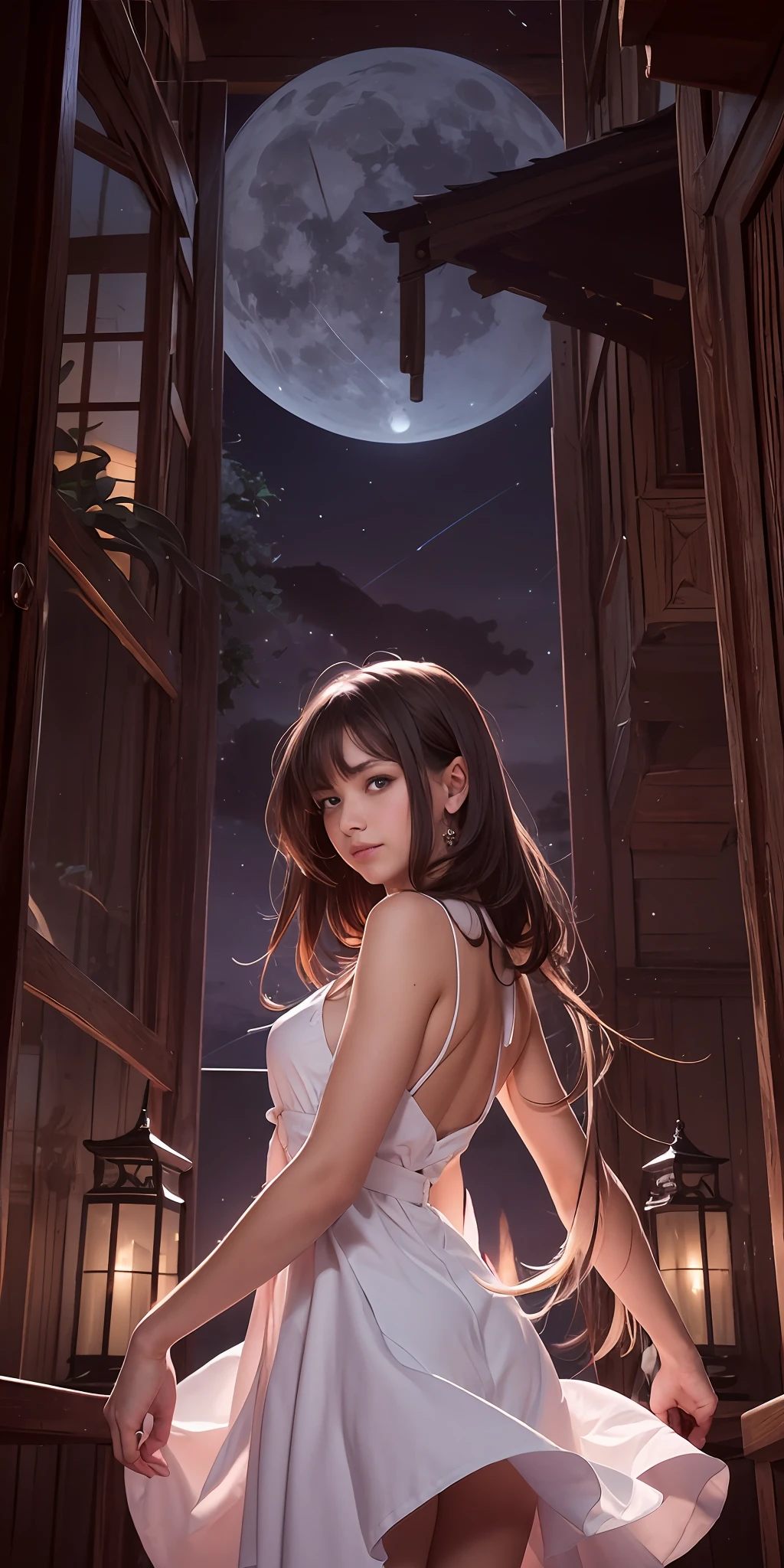 Cinematographer,(Ultra resolution 8K),The most beautiful girl, The most beautiful, cabello largo, mirada serena, Looking through the window,la luna llena,el firmamento, vestido de seda