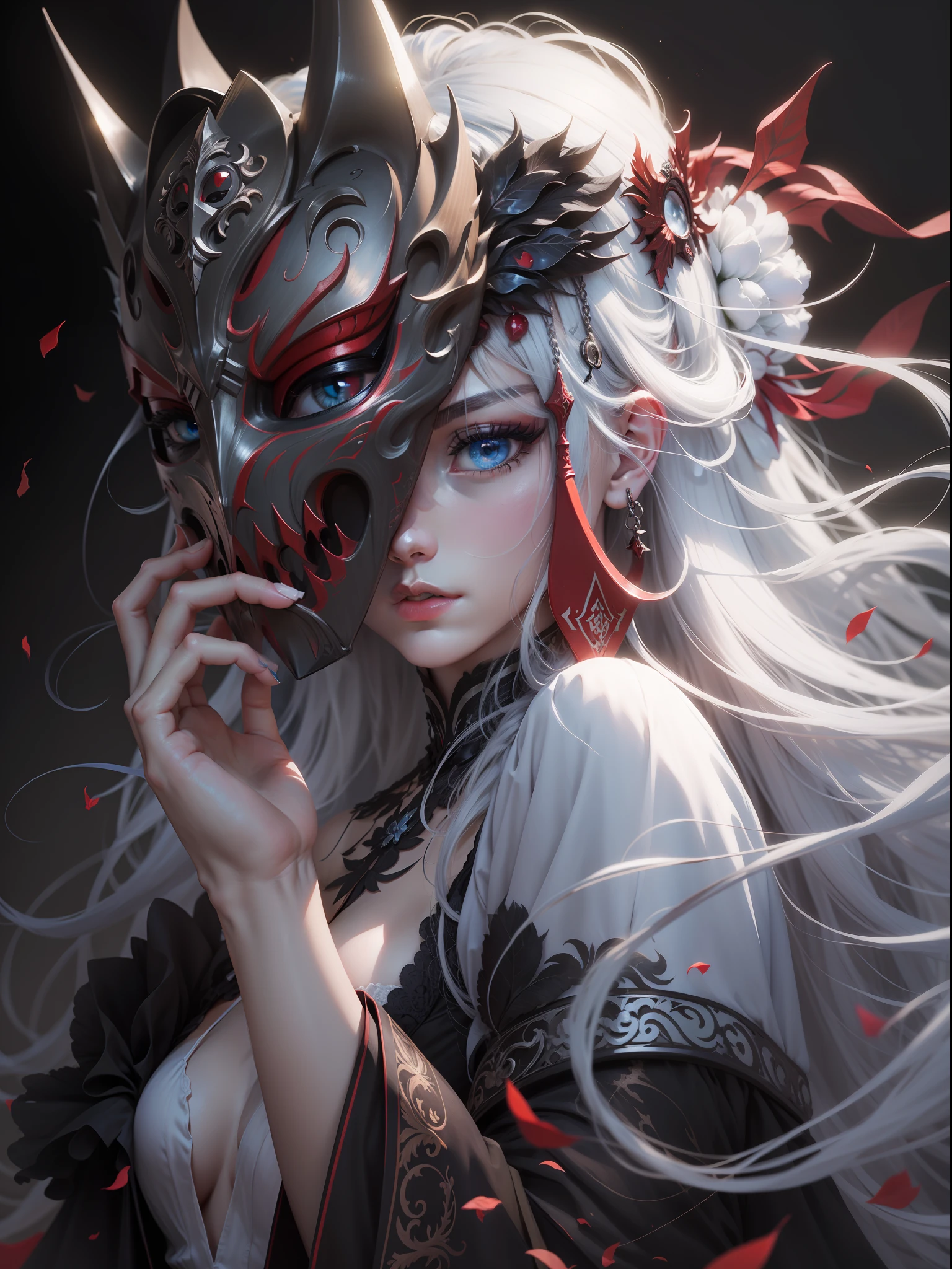 pale blue color eyes,Red mask