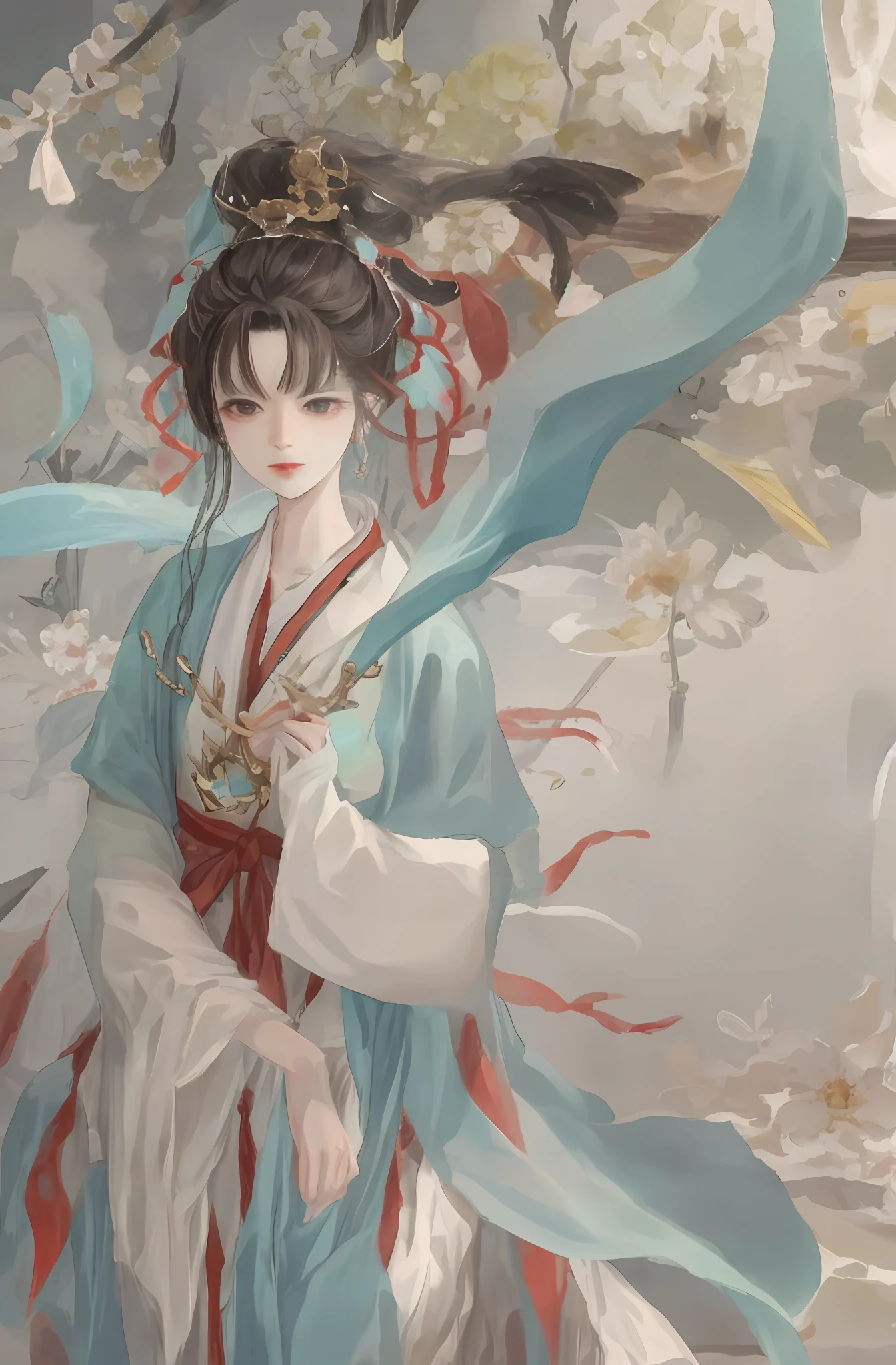 Ancient Chinese mythological fairies,The crane leans beside it,Wear ancient costumes,Flowing tulle and light silk,Lazy posture。There are large lotus leaves and lotus flowers in the picture,Ink painting style,Dunhuang color system,The color is clean,The composition is decisive and clear,Leave it blank。Super detailed composition at masterpiece level,The picture quality is super high,HighestQuali,4K分辨率。
