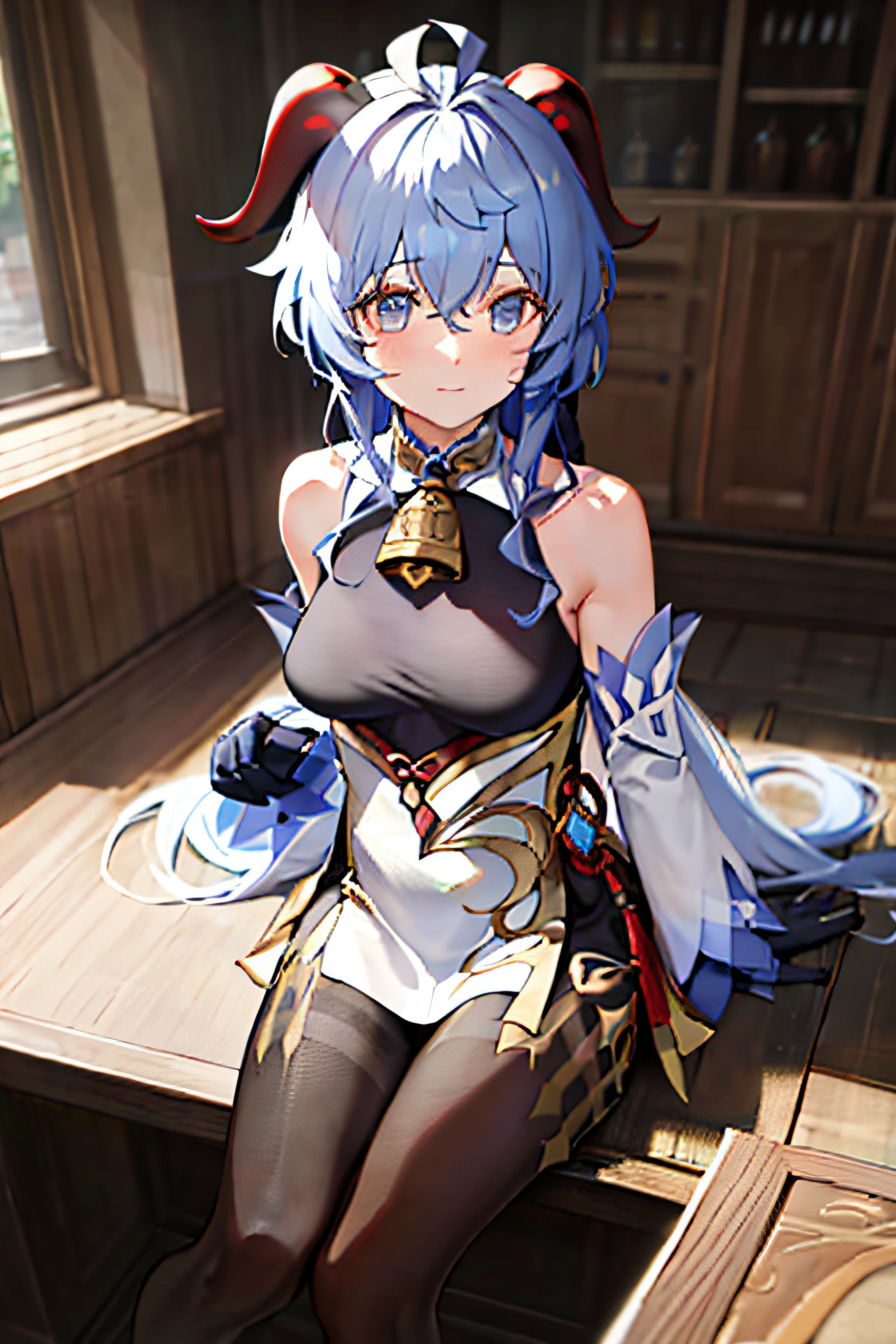 (photorealistic:1.4), (masterpiece, sidelighting, finely detailed beautiful eyes: 1.2), masterpiece*portrait, realistic, 3d face,
ganyu \(genshin impact\), 1girl, ahoge, architecture, bangs, bare shoulders, bell, black gloves, black pantyhose, (blue hair), blush, breasts, chinese knot, detached sleeves, flower knot, gloves, horns, long hair, looking at viewer, medium breasts, neck bell