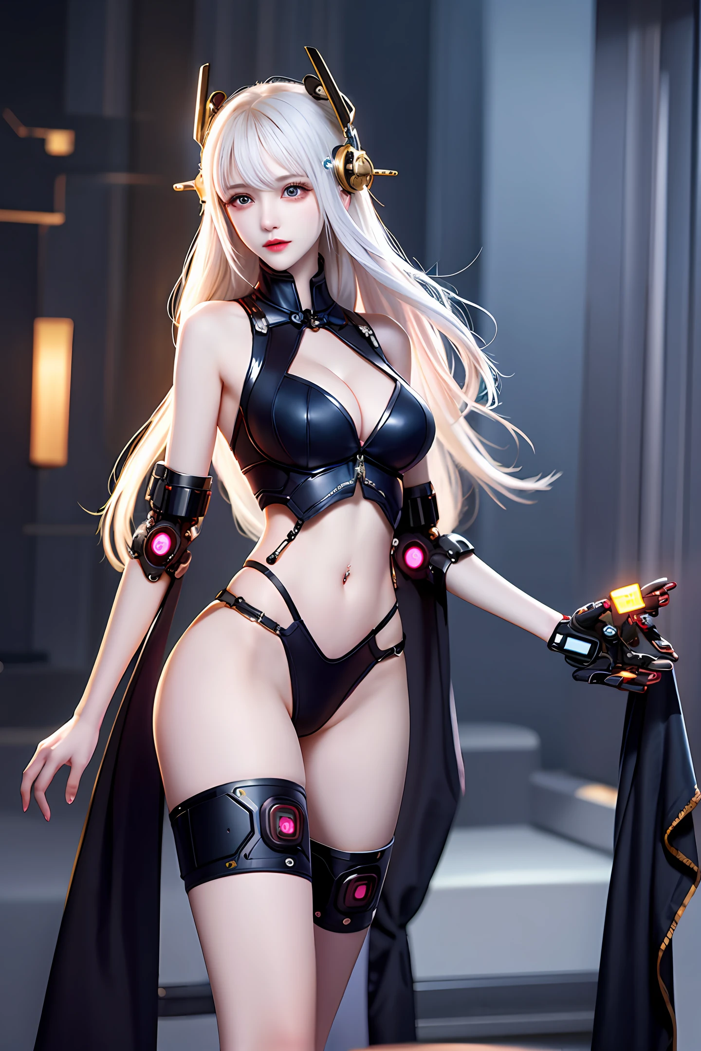 Cyberpunk style and classical Chinese style are combined，One hand is a robotic arm，-year-oldale，we skinned，long  white hair，Big breasts, thin waist, fat buttocks