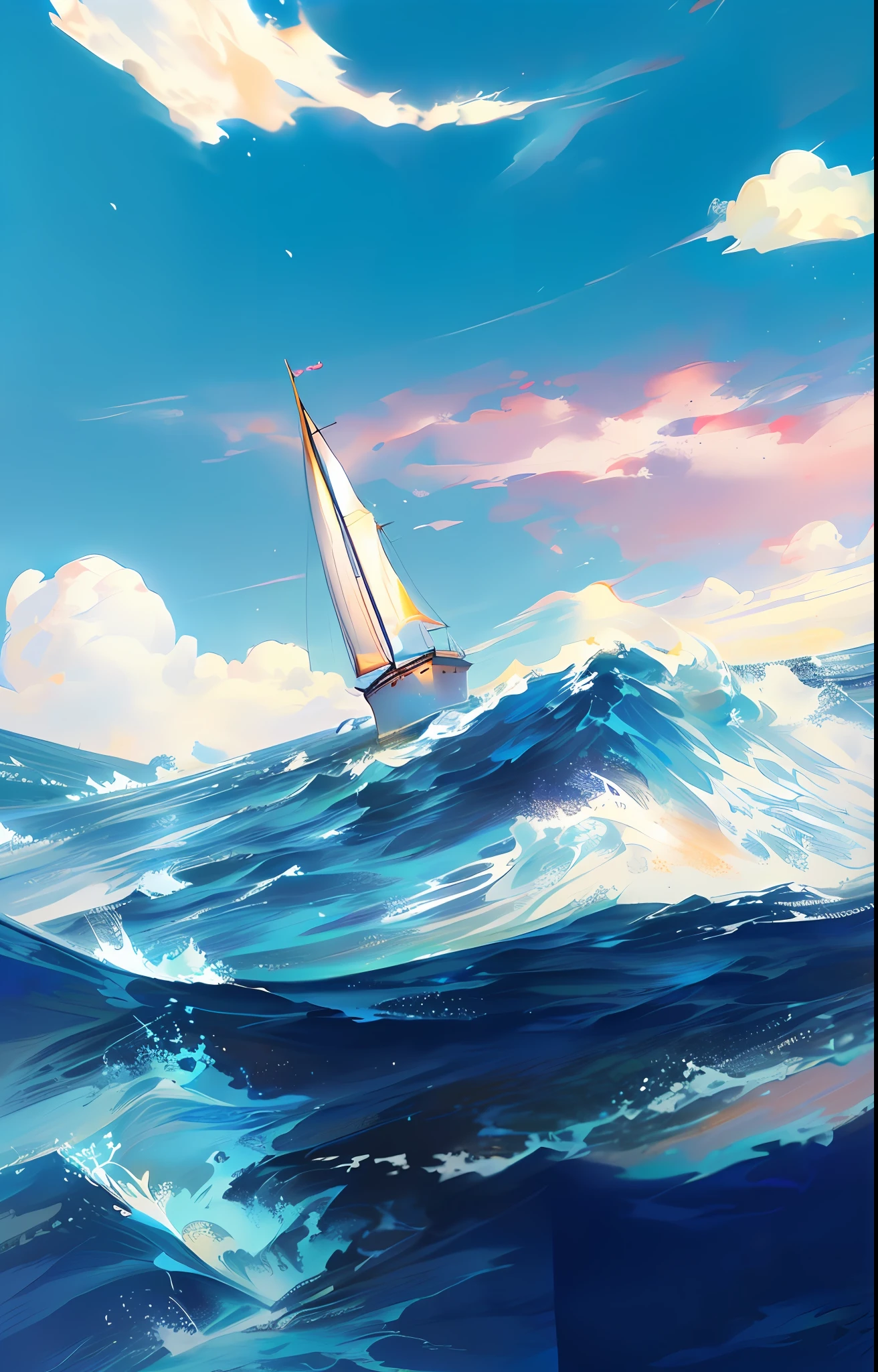 Delicate picture,High-quality work,Draw a sailboat in the ocean,There is a lighthouse in the background, The sky is transparent,There is a little cloud,There are no characters,Inspired by Cyril Rolando, In the style of Cyril Rolando,Noise illustration,rays of sunshine,Light,Ray traching