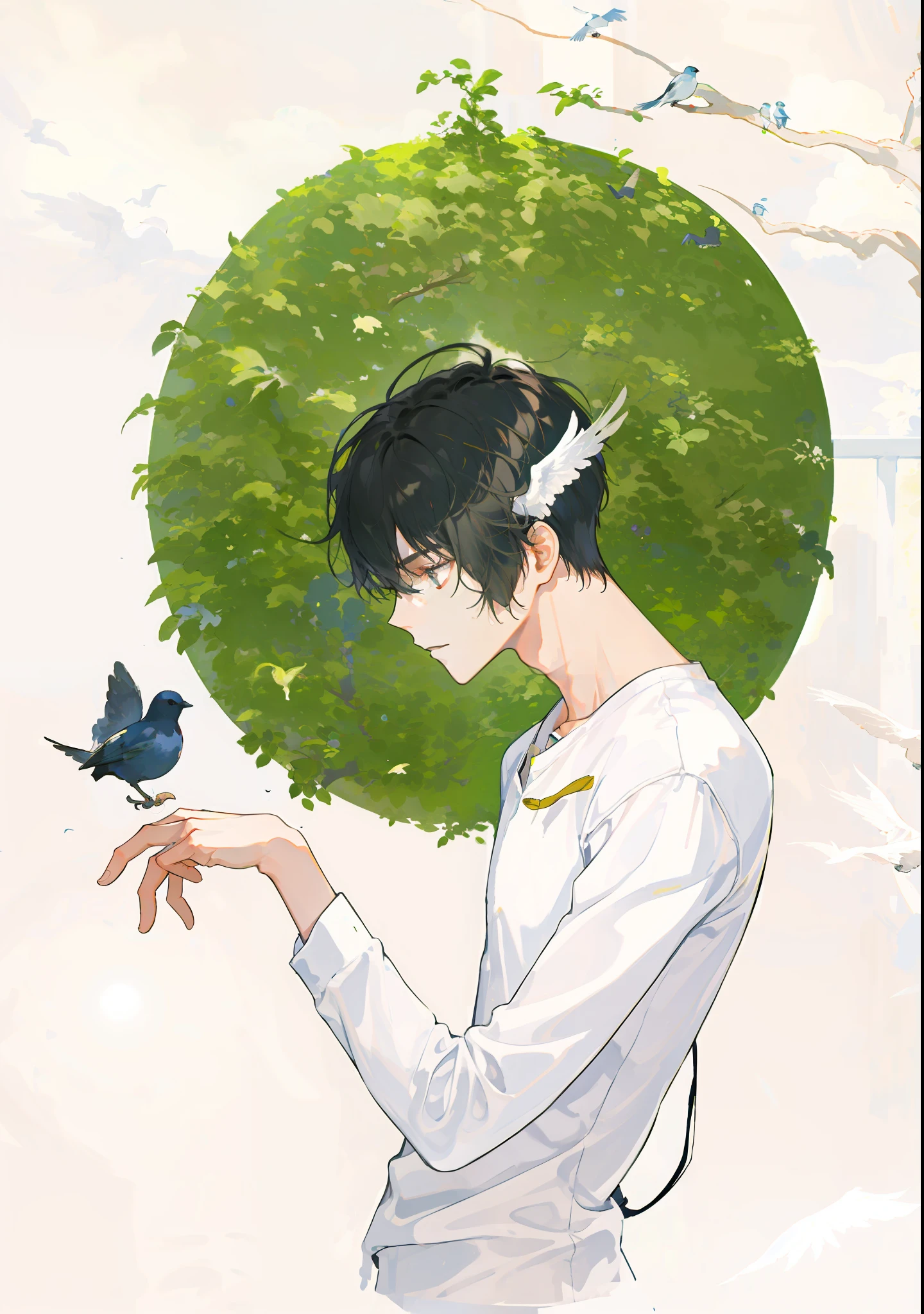 masterpiece, best quality, 1boy, male focus, handsome, residential area, fence, spindle trees, afternoon sun, the way home from school, school uniform, backpack, flock of birds, from directly side, depth of field